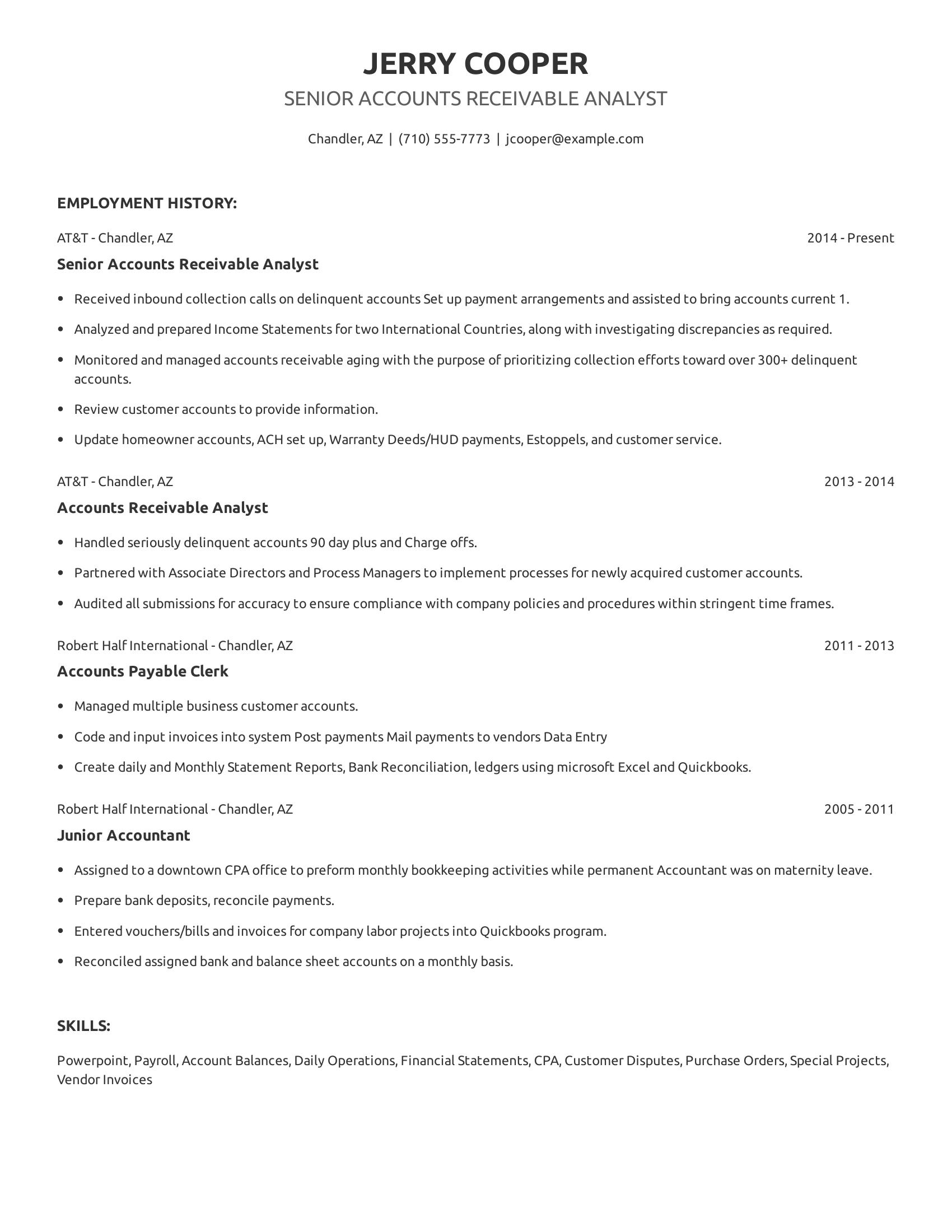 Senior Accounts Receivable Analyst resume example