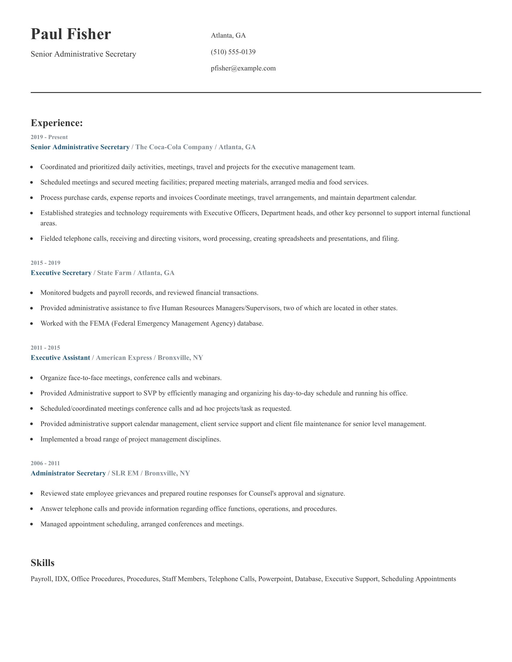 Senior Administrative Secretary resume example