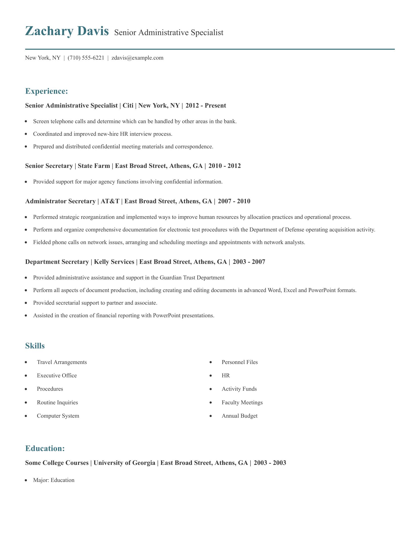 Senior Administrative Specialist resume example