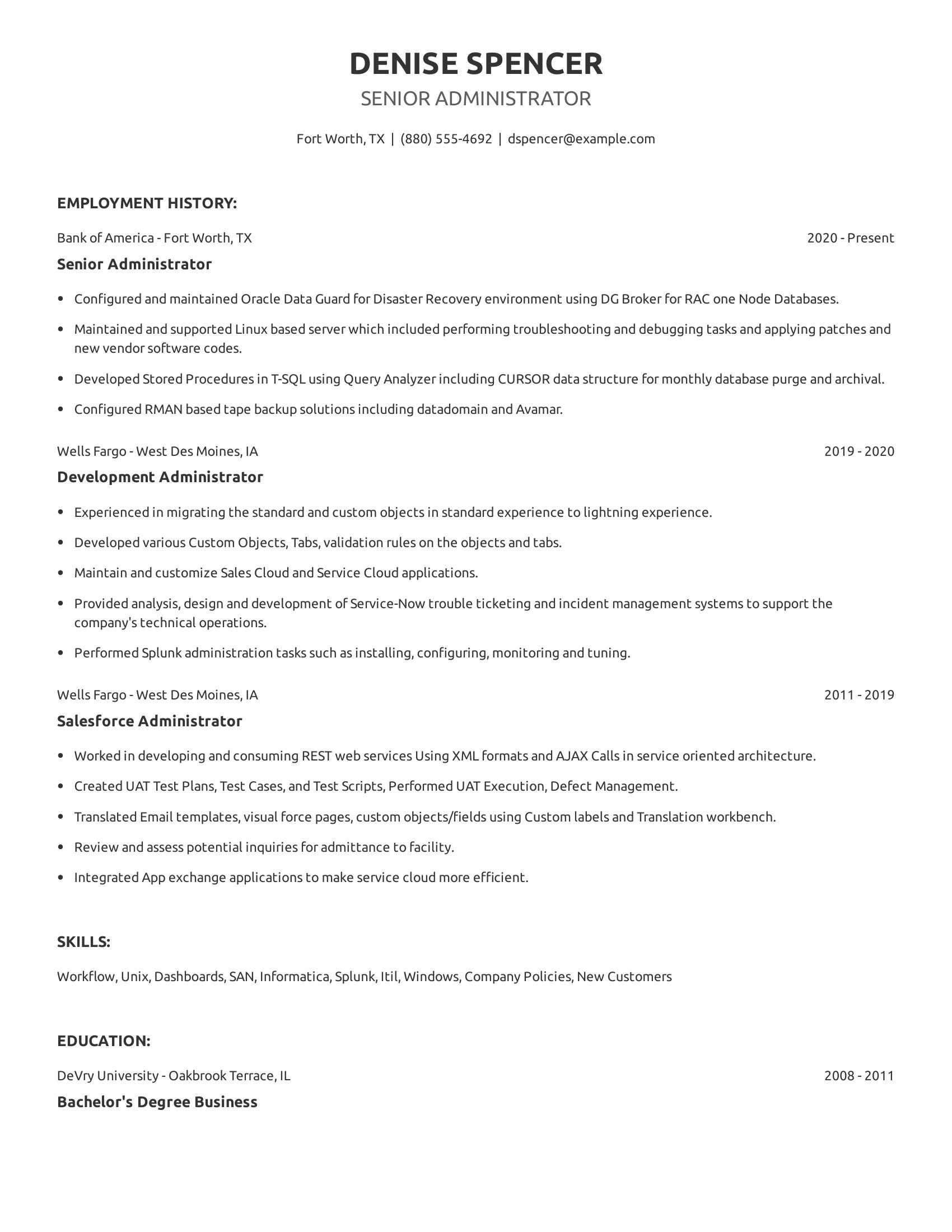 Senior Administrator resume example