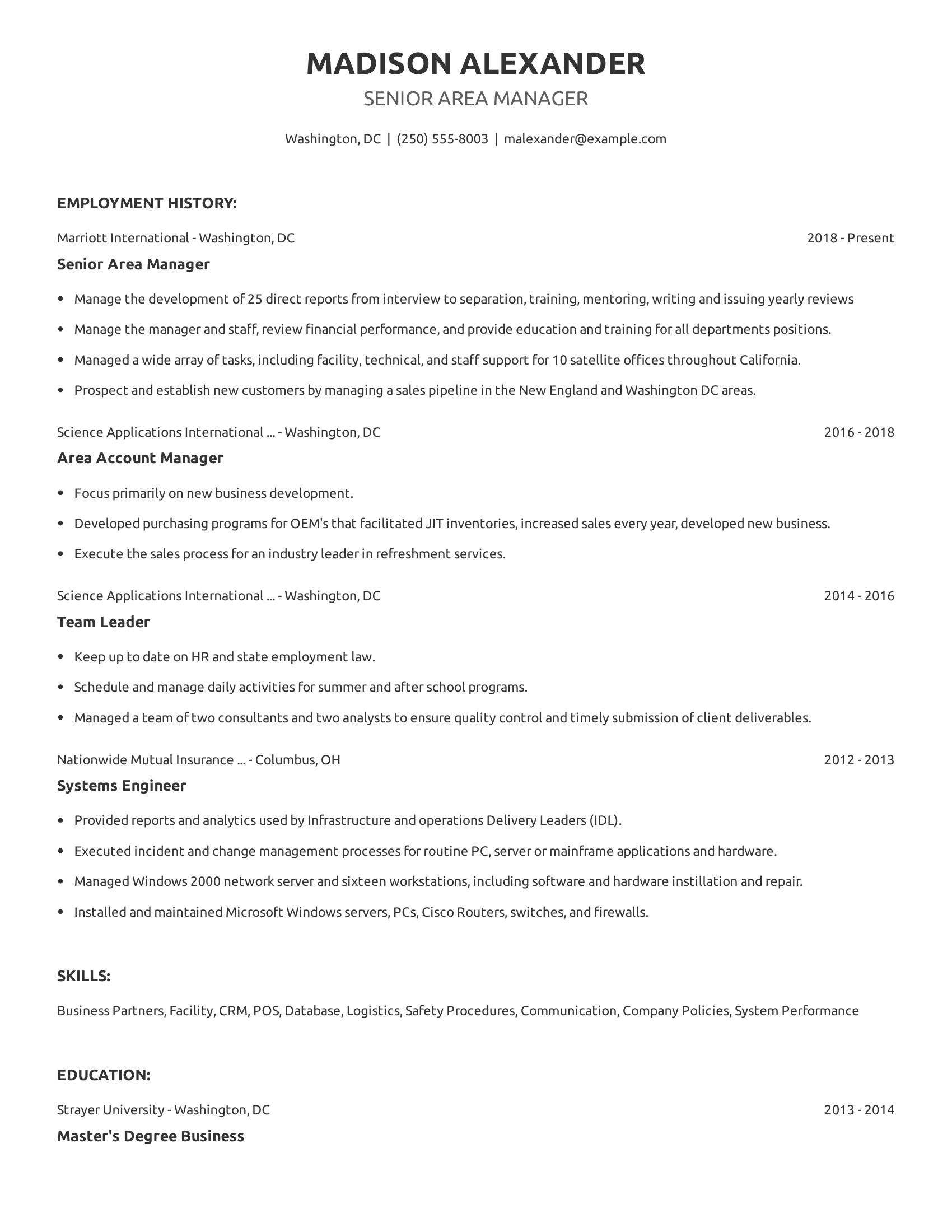 Senior Area Manager resume example