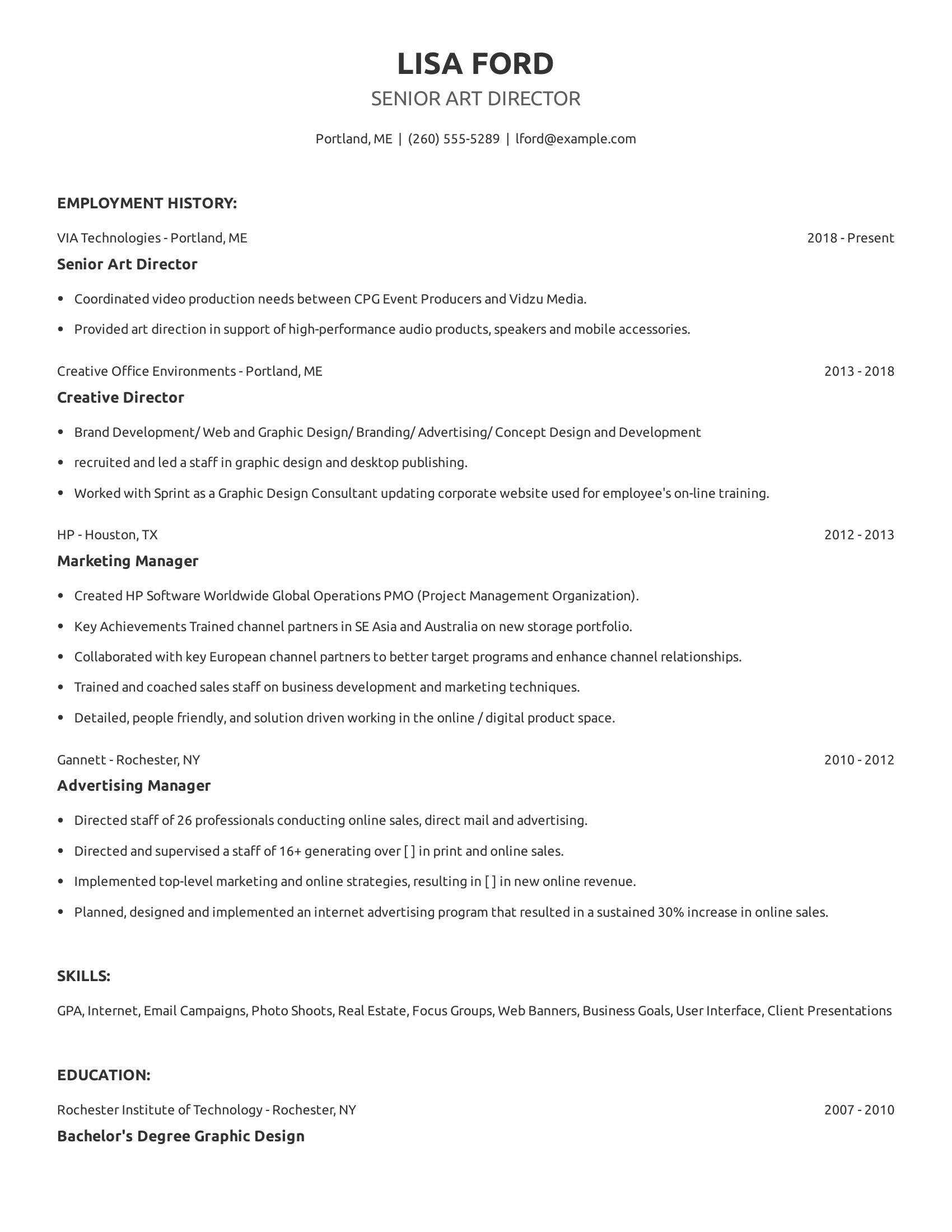 Senior Art Director resume example