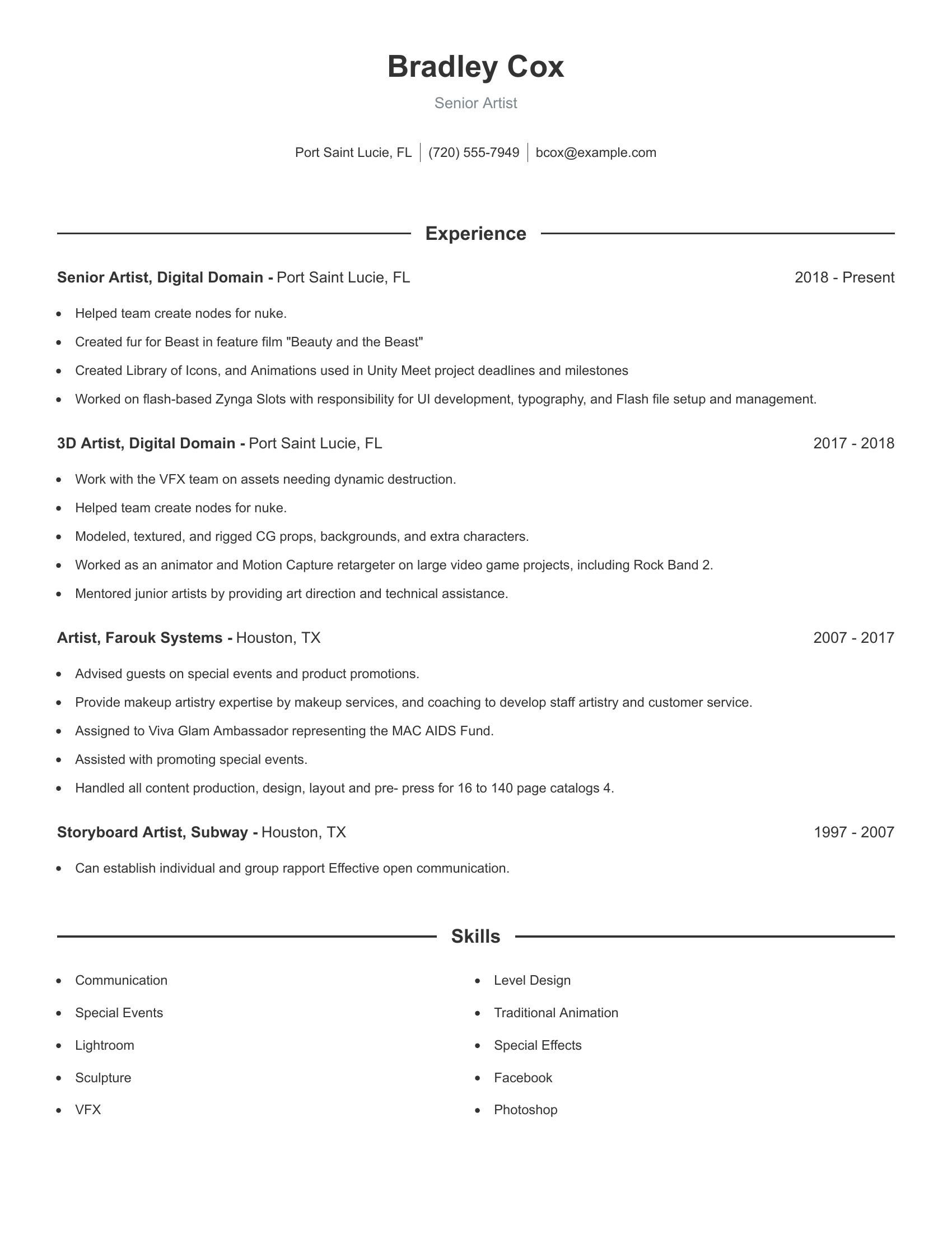 Senior Artist resume example