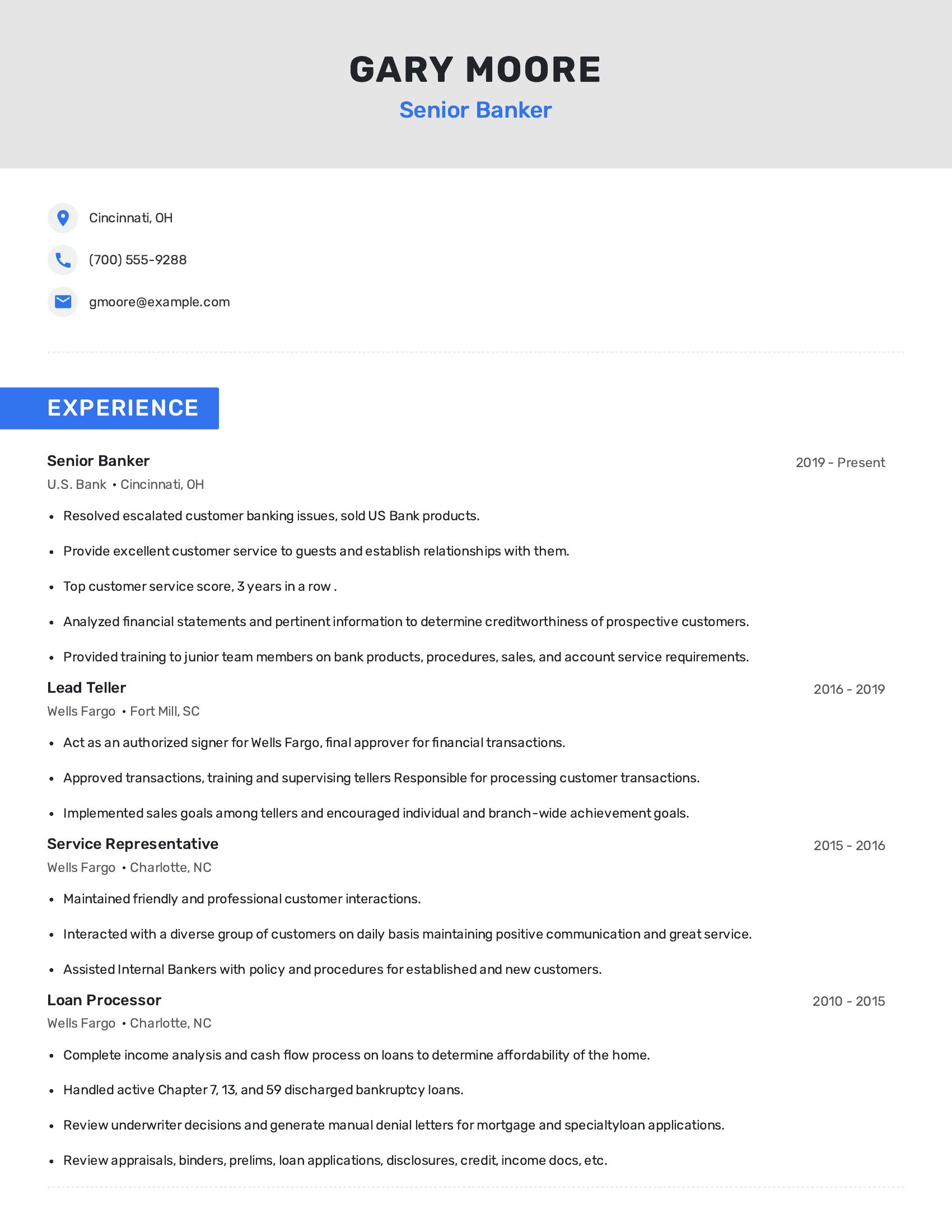 Senior Banker resume example