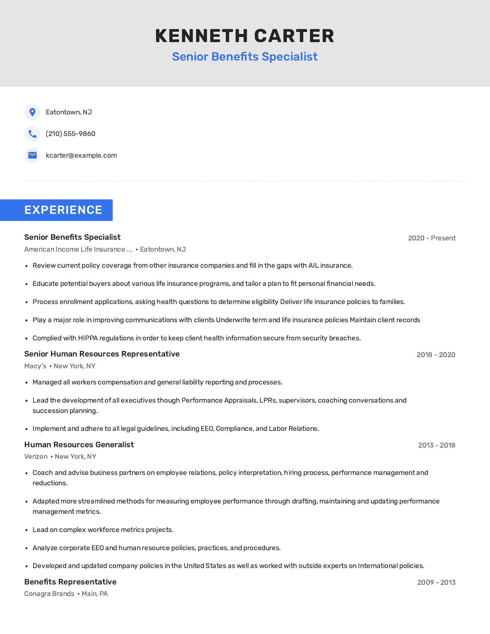 Senior Benefits Specialist resume example