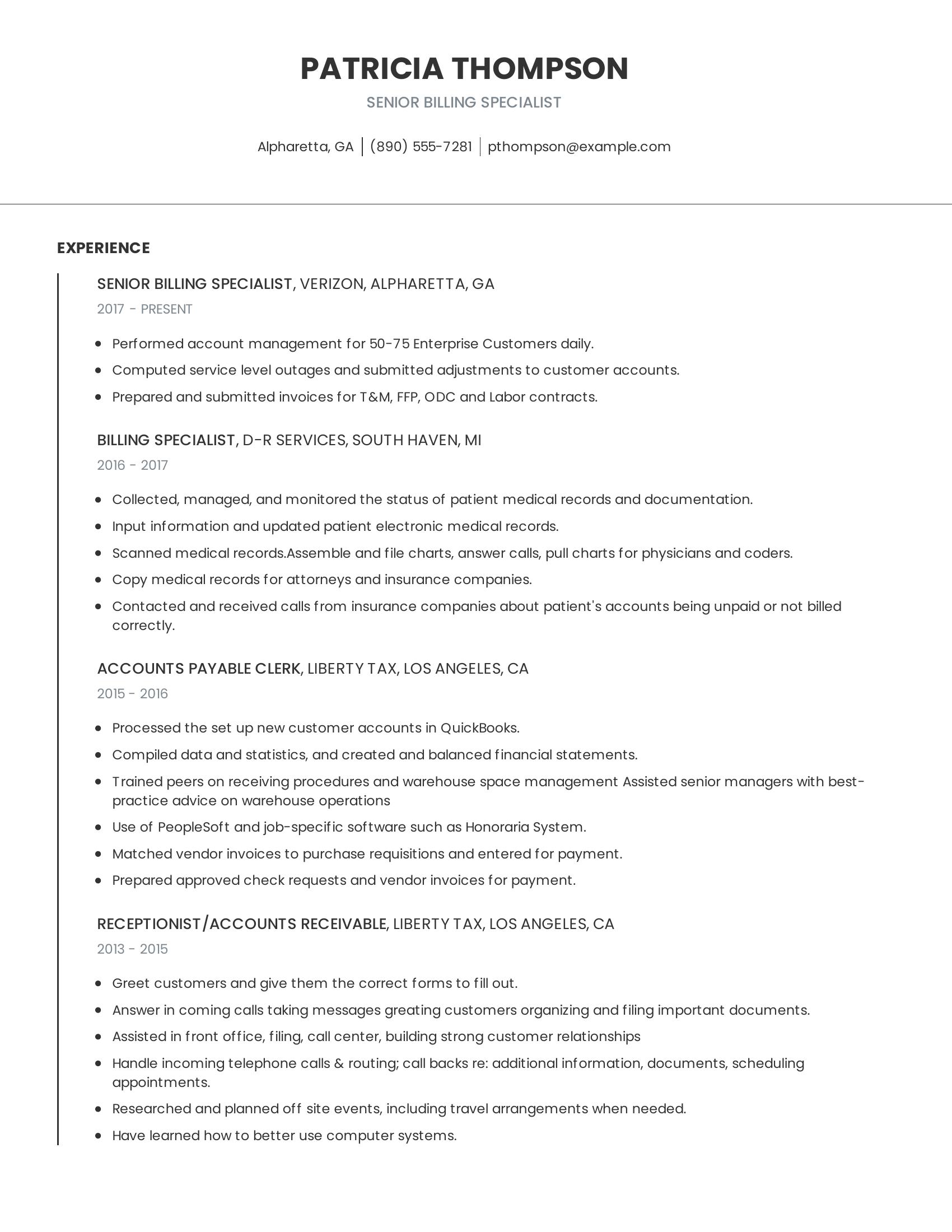 Senior Billing Specialist resume example