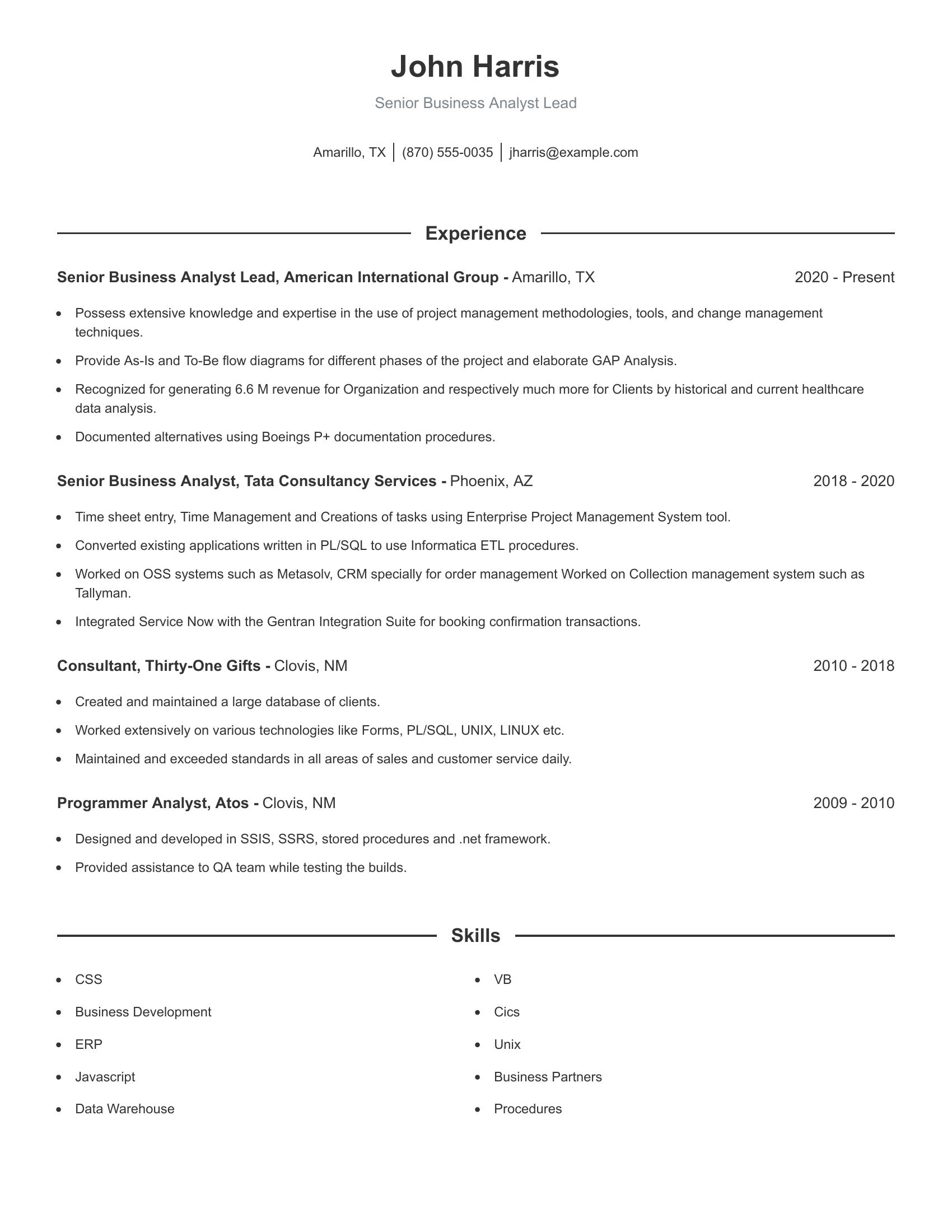 Senior Business Analyst Lead resume example