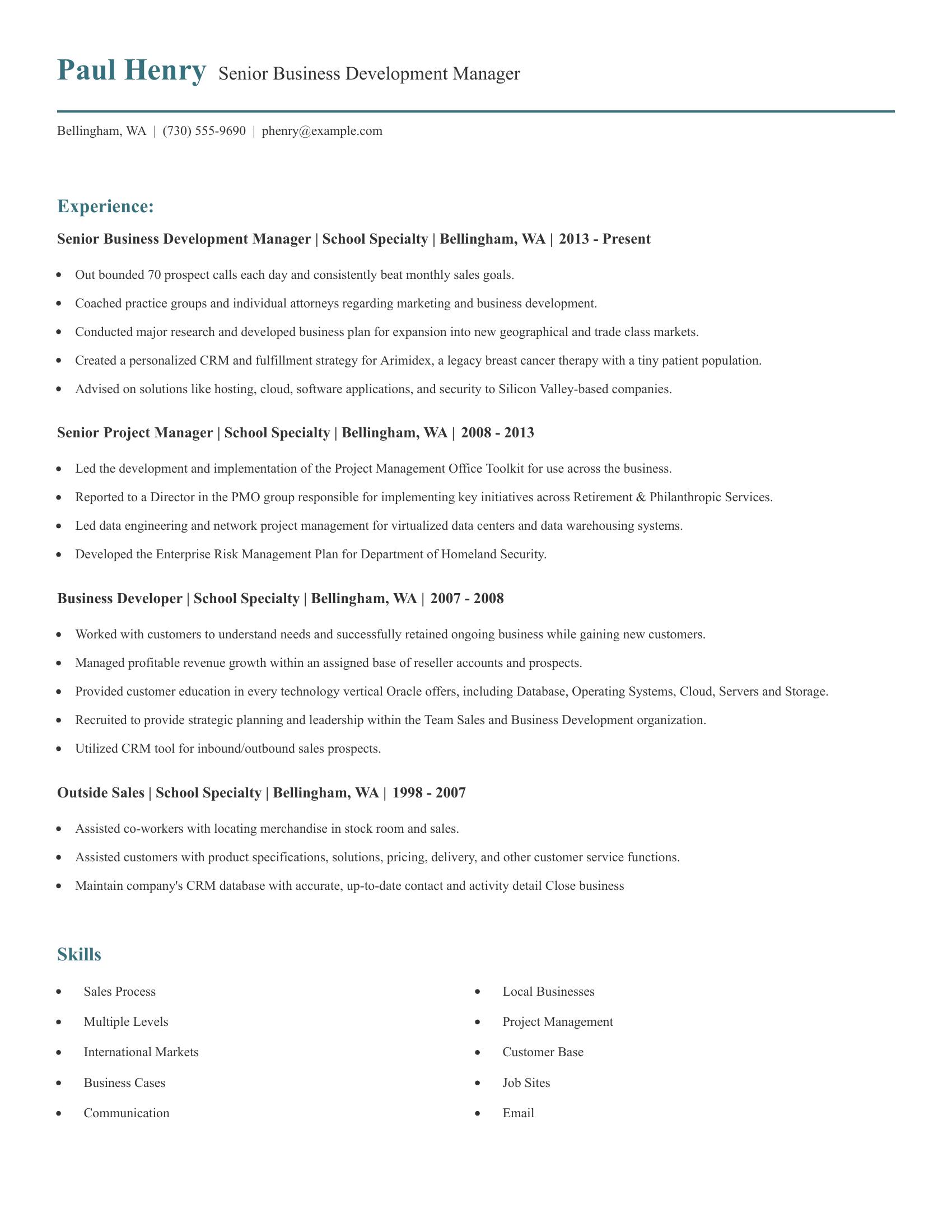 Senior Business Development Manager resume example