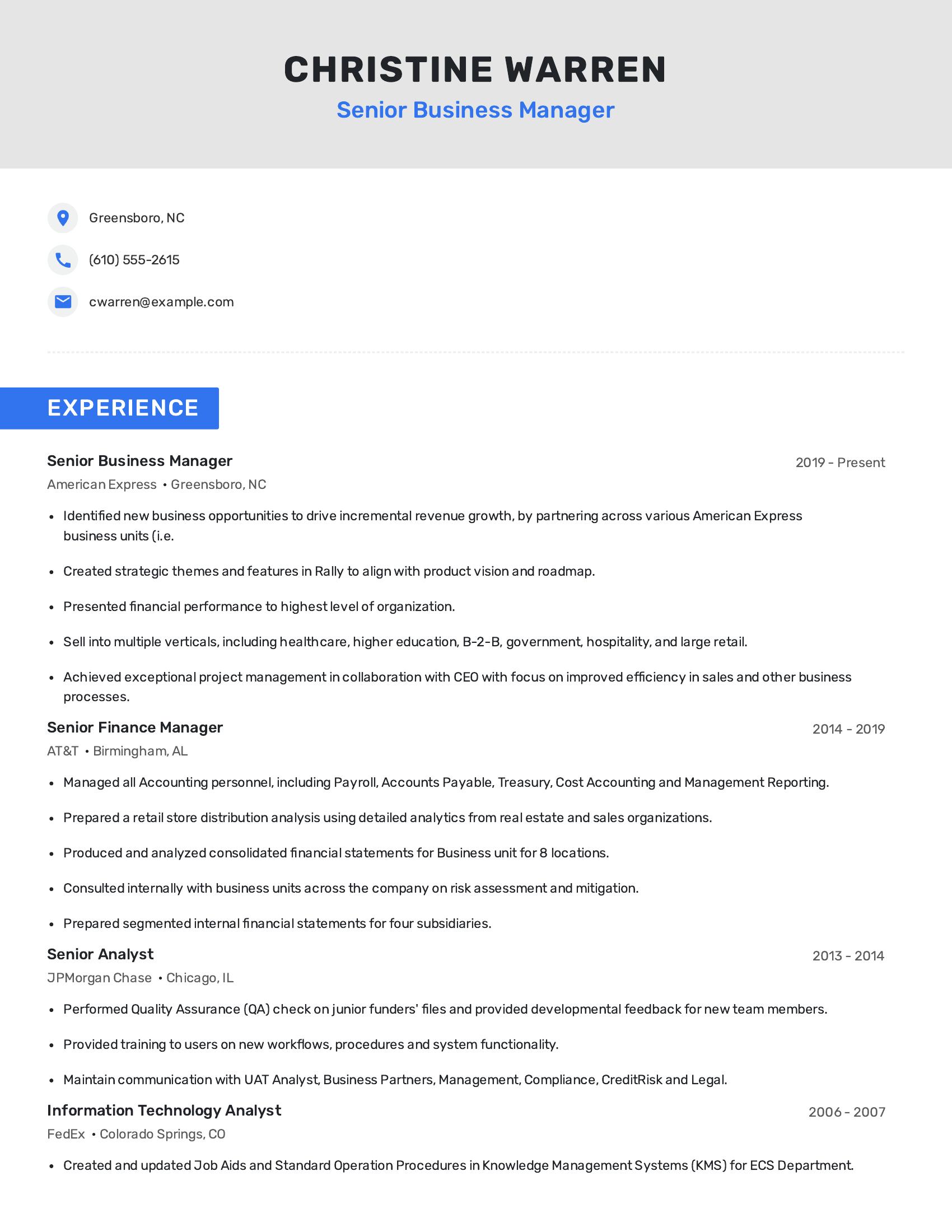 Senior Business Manager resume example