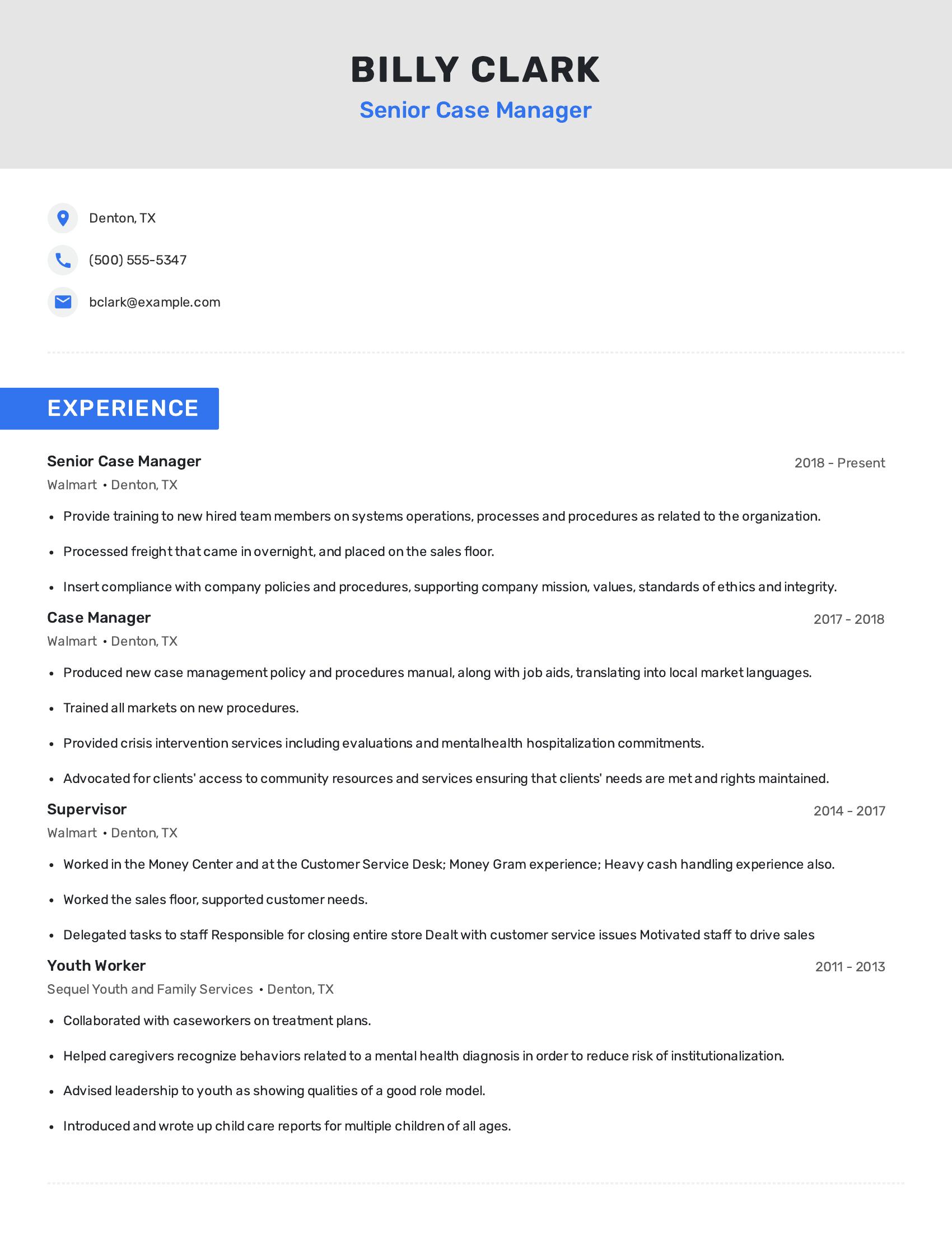 Senior Case Manager resume example