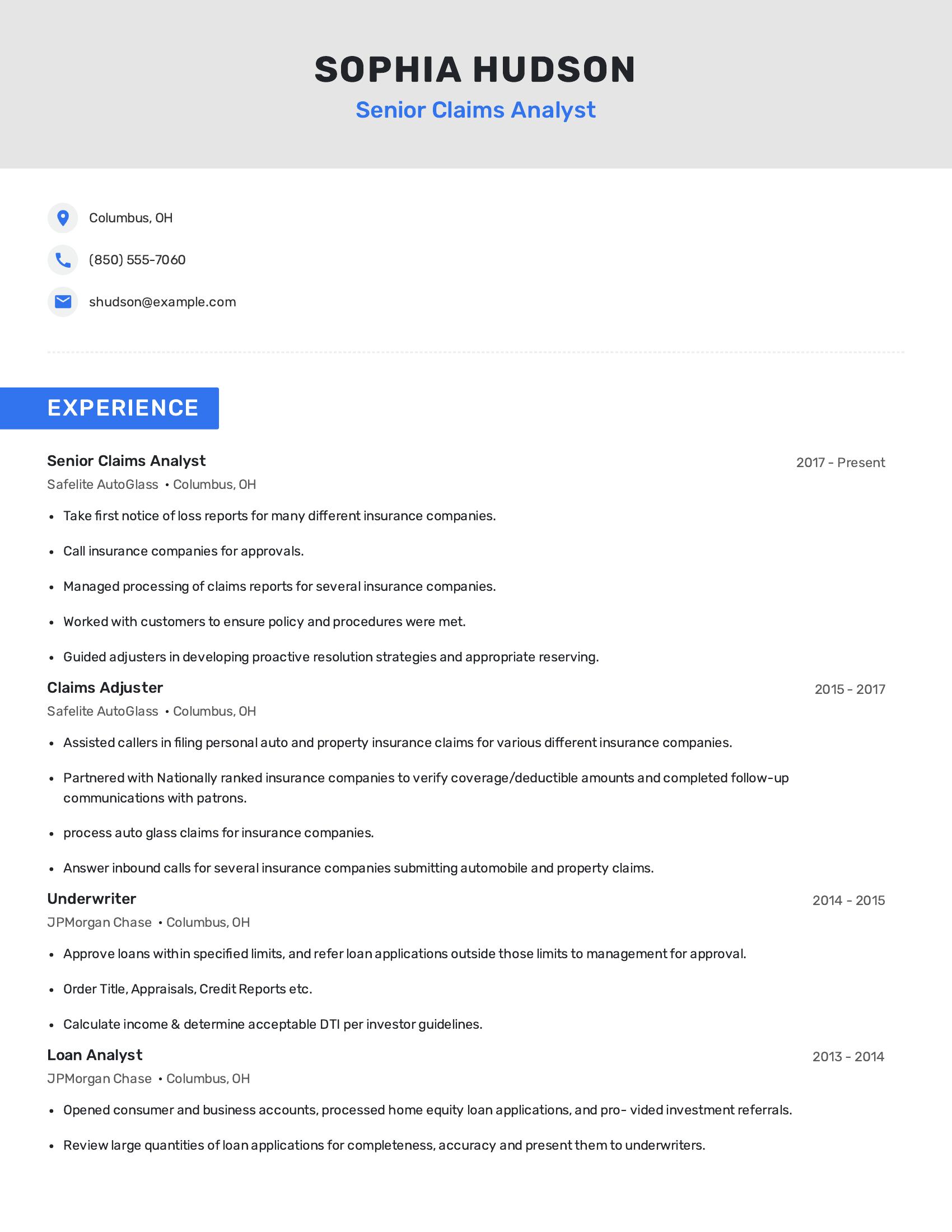 Senior Claims Analyst resume example