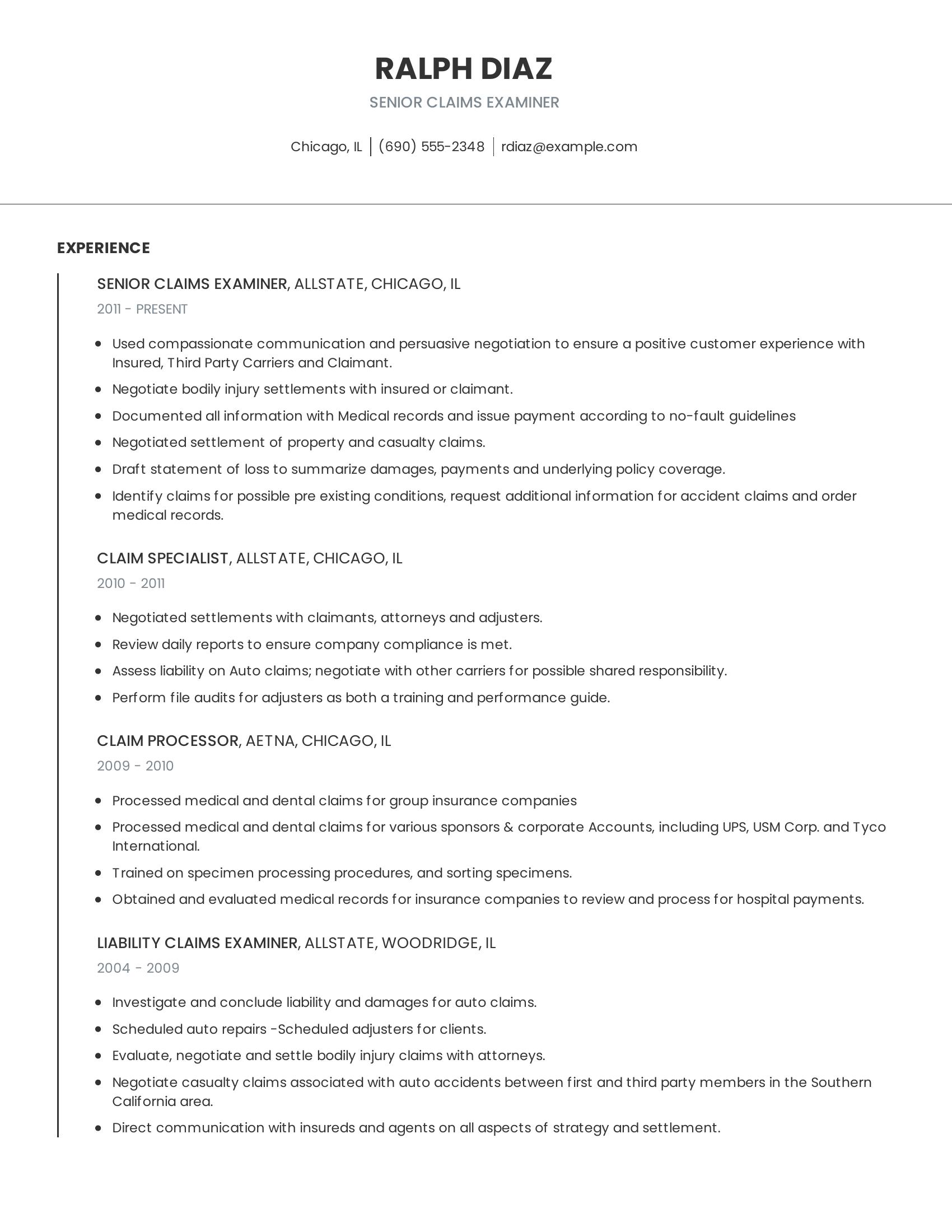 Senior Claims Examiner resume example