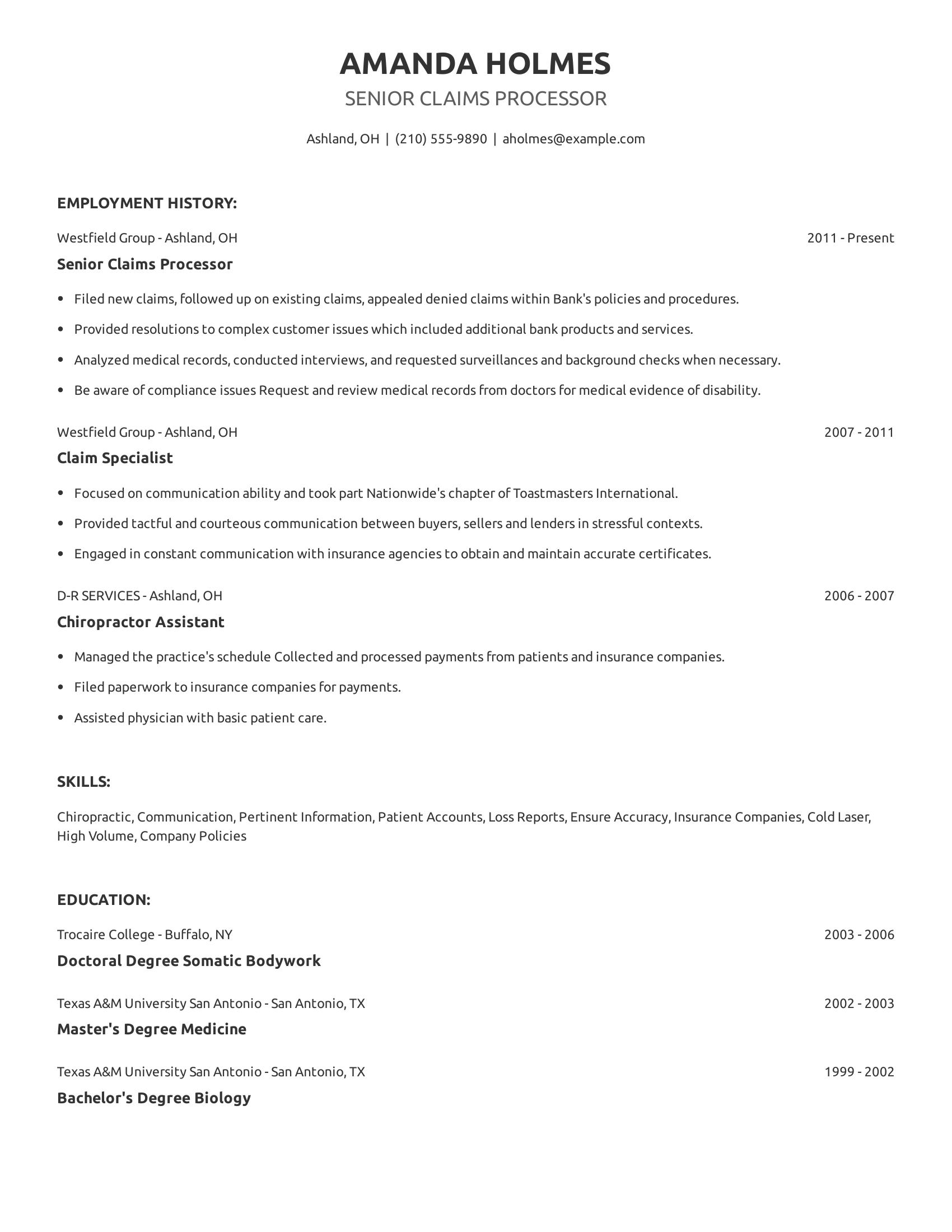 Senior Claims Processor resume example