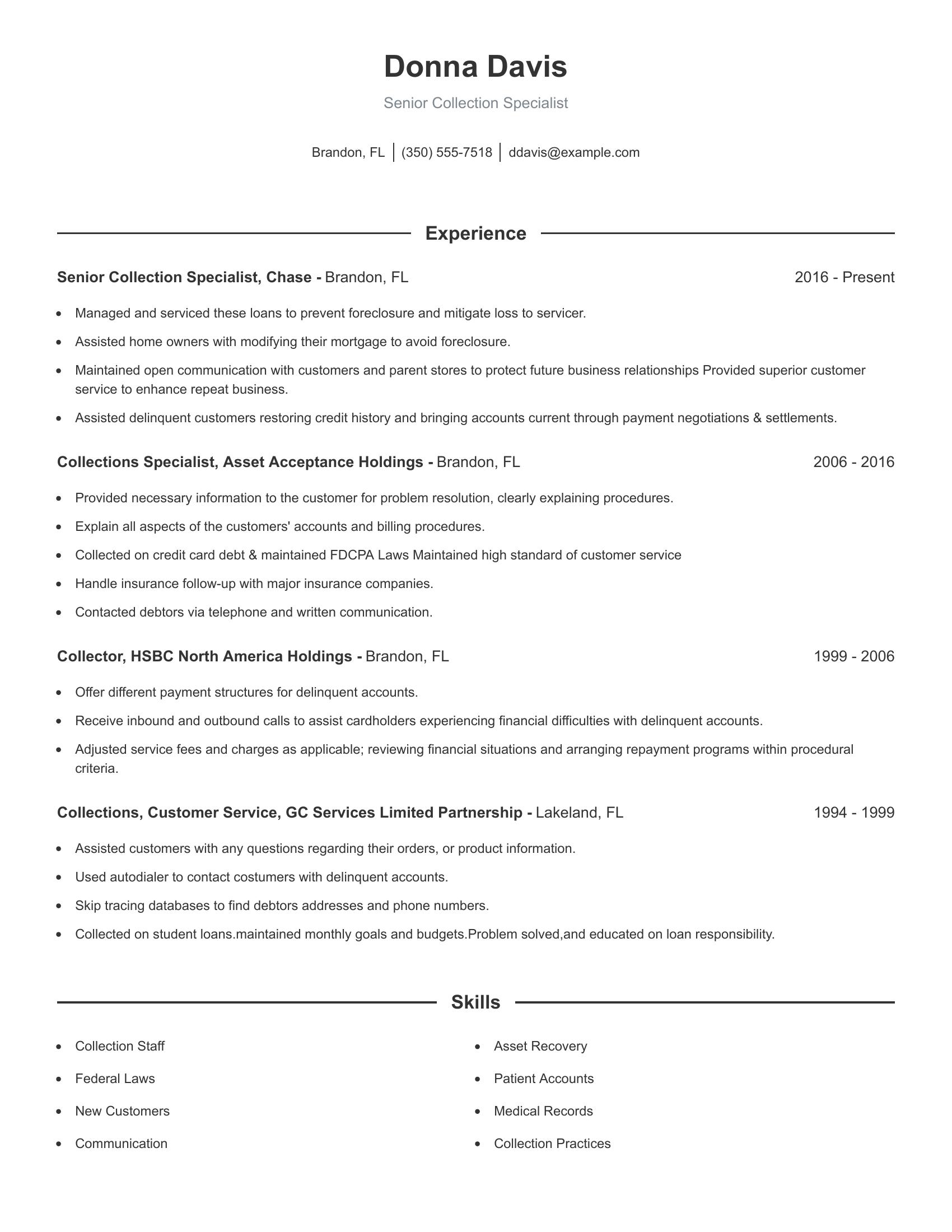 Senior Collection Specialist resume example