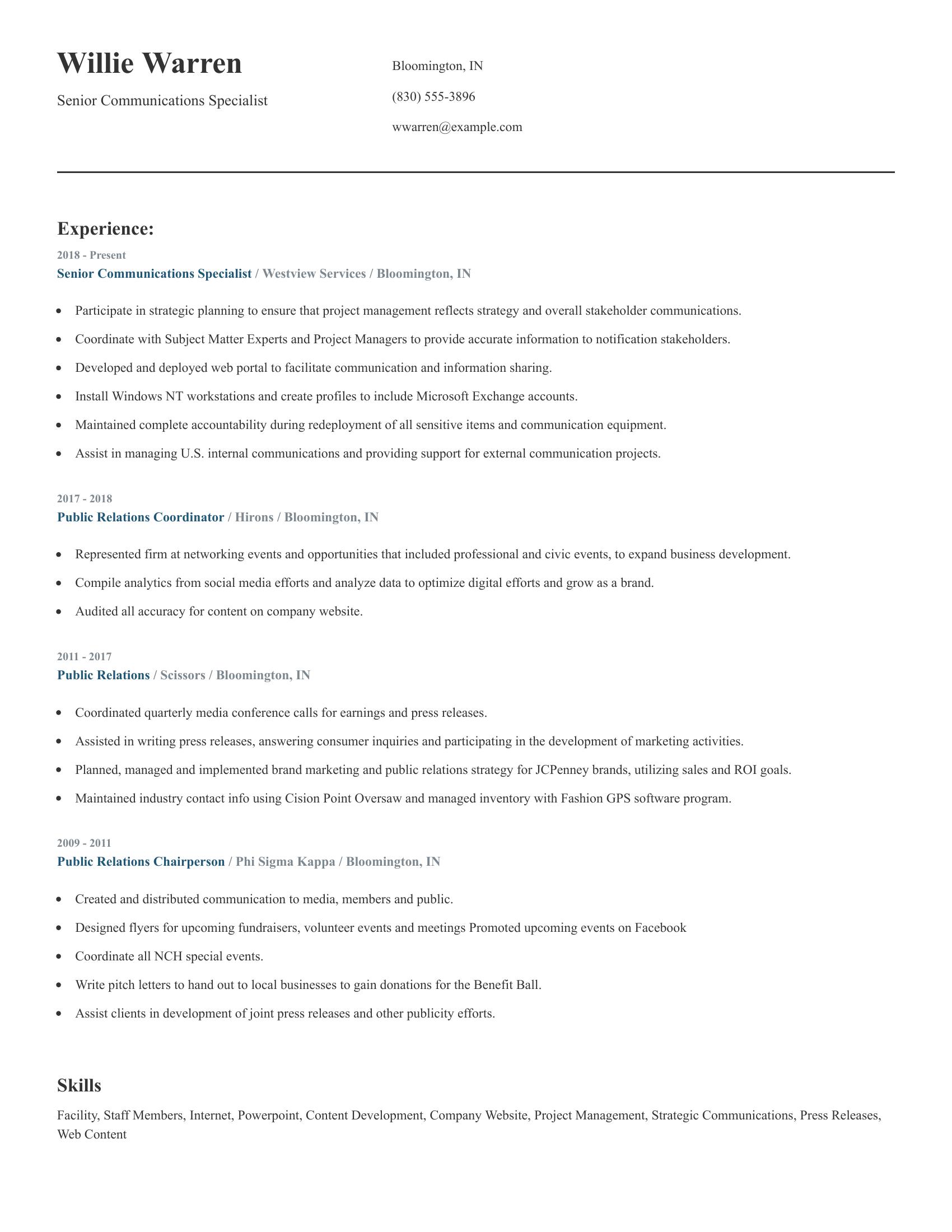 Senior Communications Specialist resume example