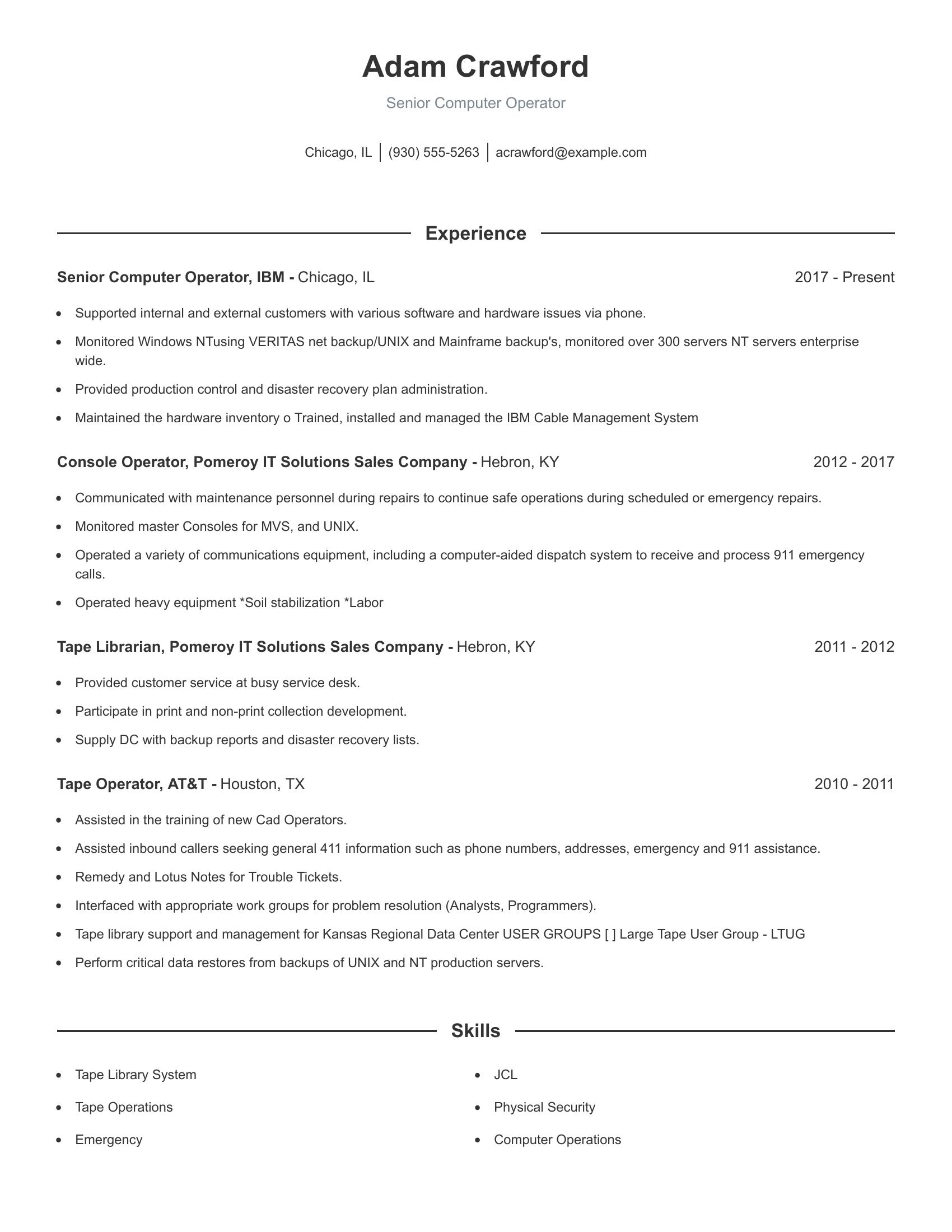 Senior Computer Operator resume example