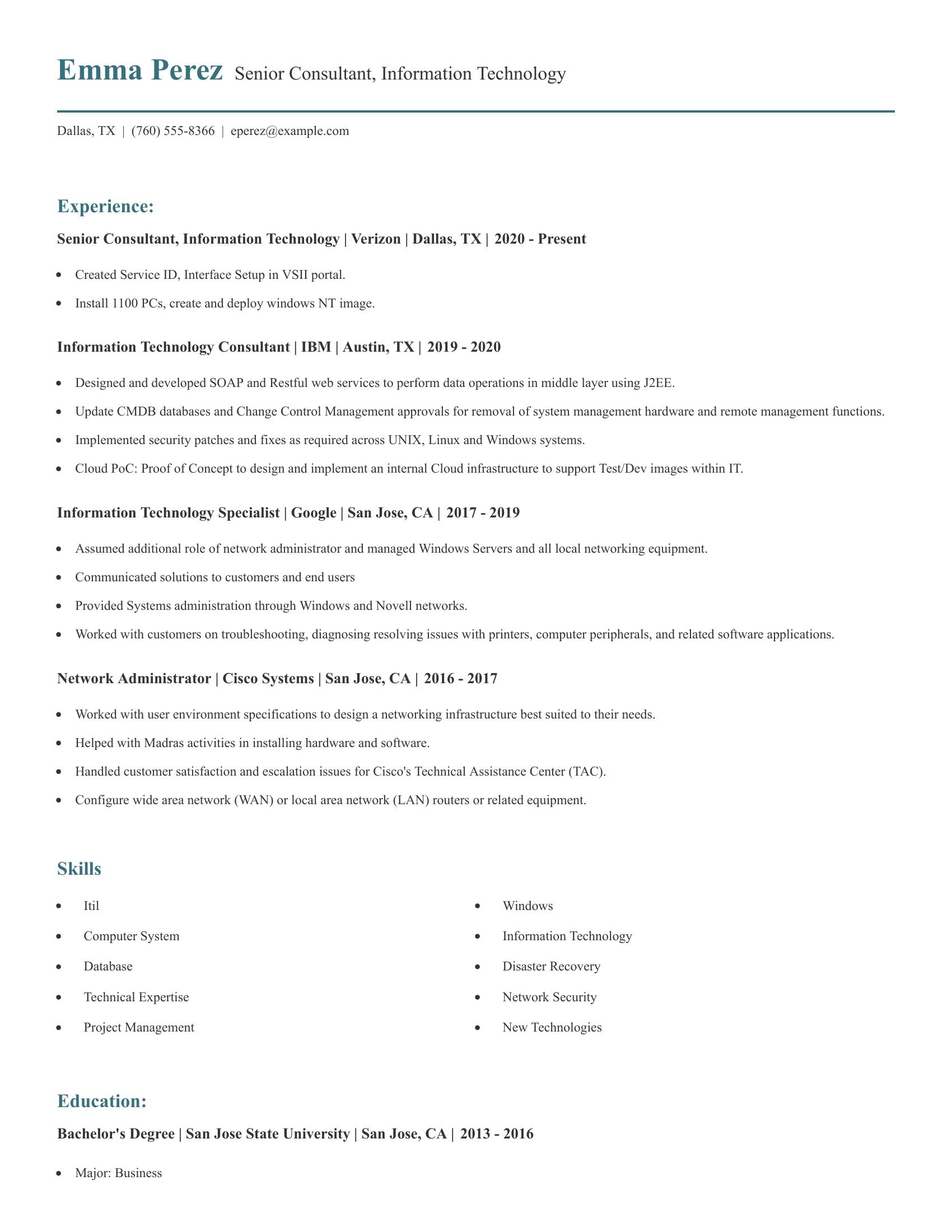 Senior Consultant, Information Technology resume example