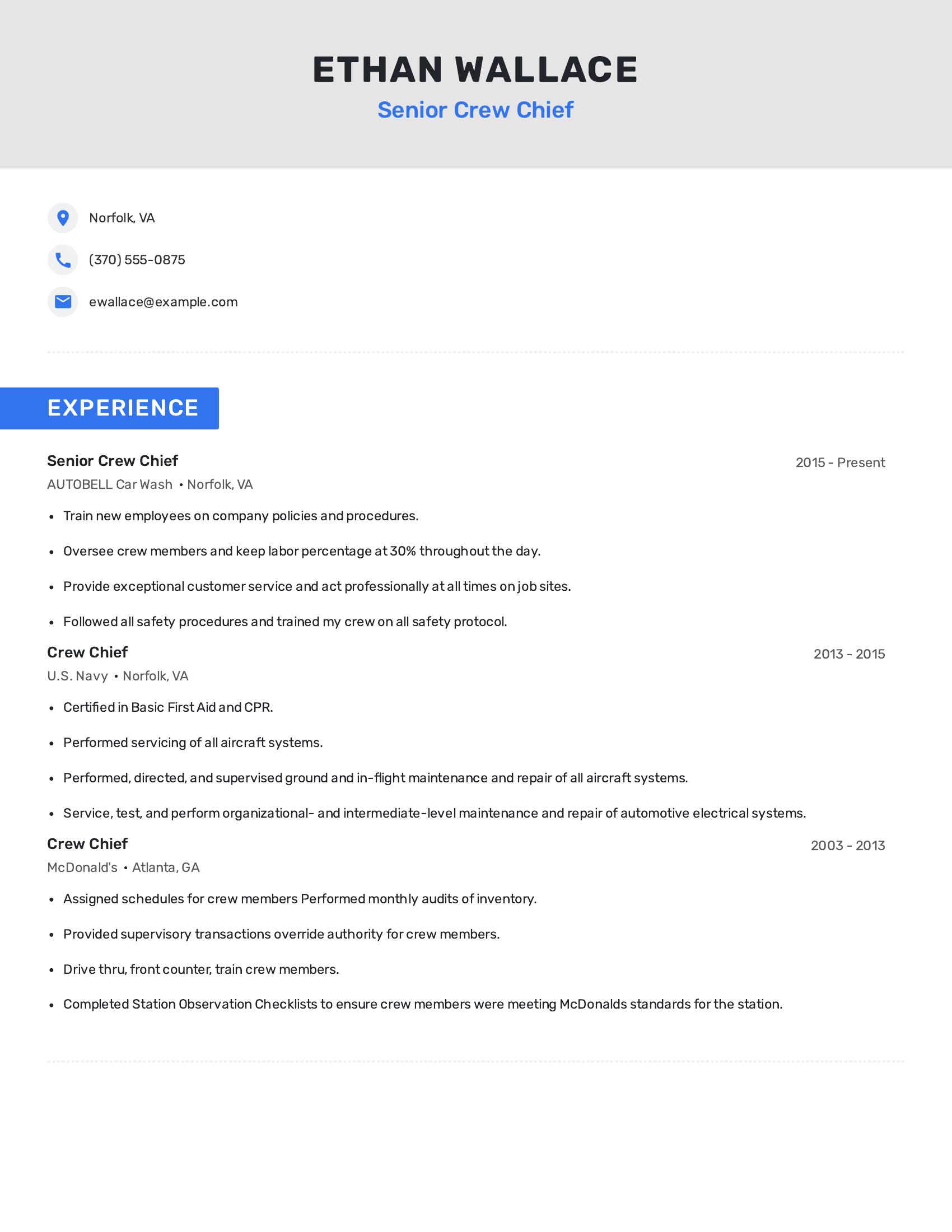 Senior Crew Chief resume example