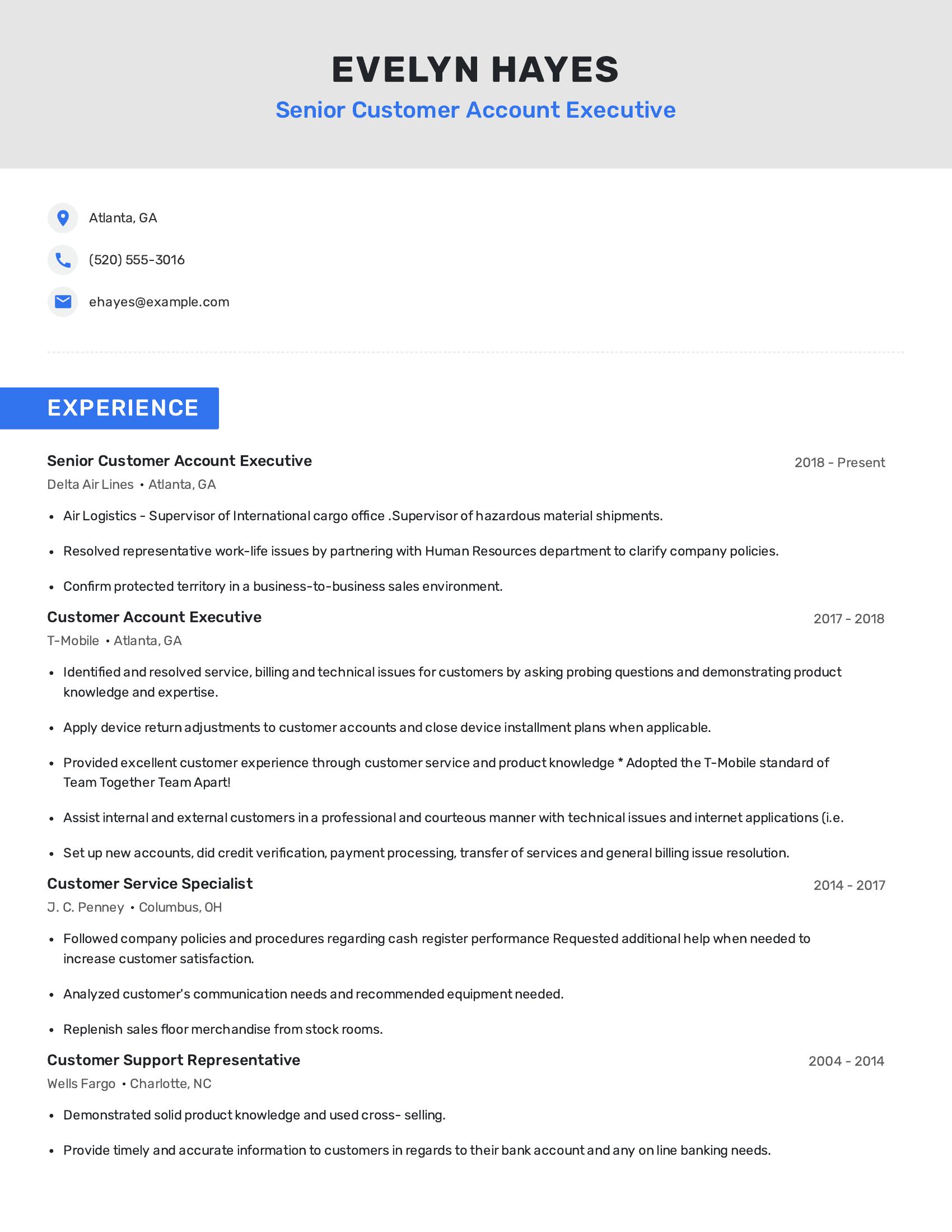 Senior Customer Account Executive resume example