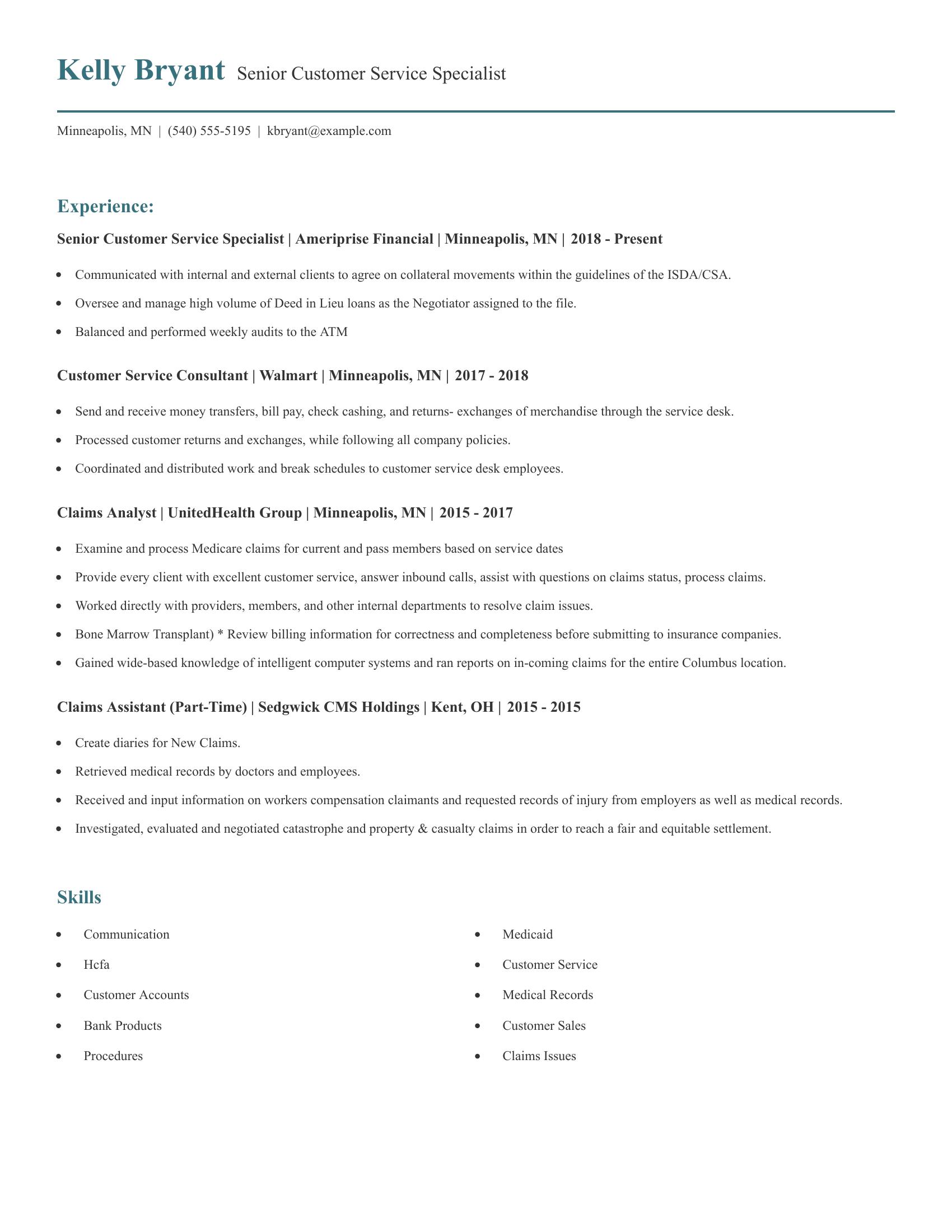 Senior Customer Service Specialist resume example