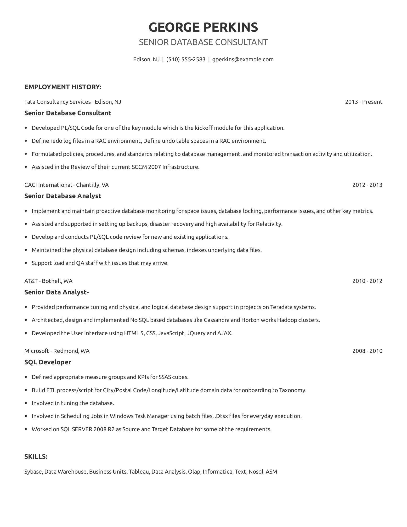 Senior Database Consultant resume example