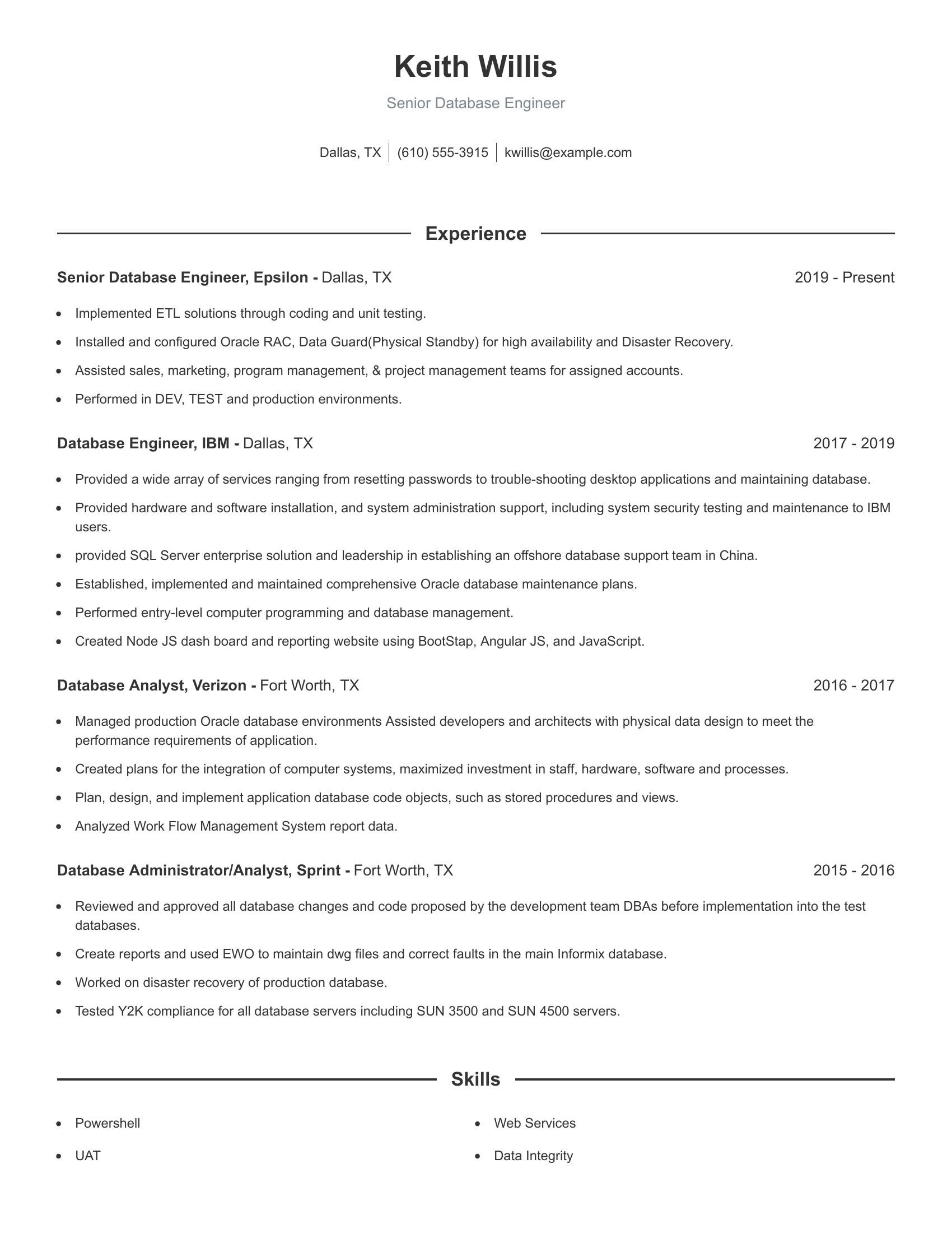 Senior Database Engineer resume example