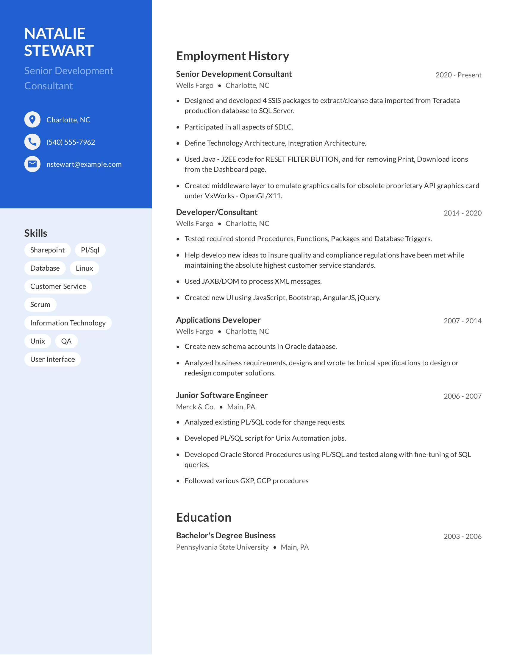 Senior Development Consultant resume example