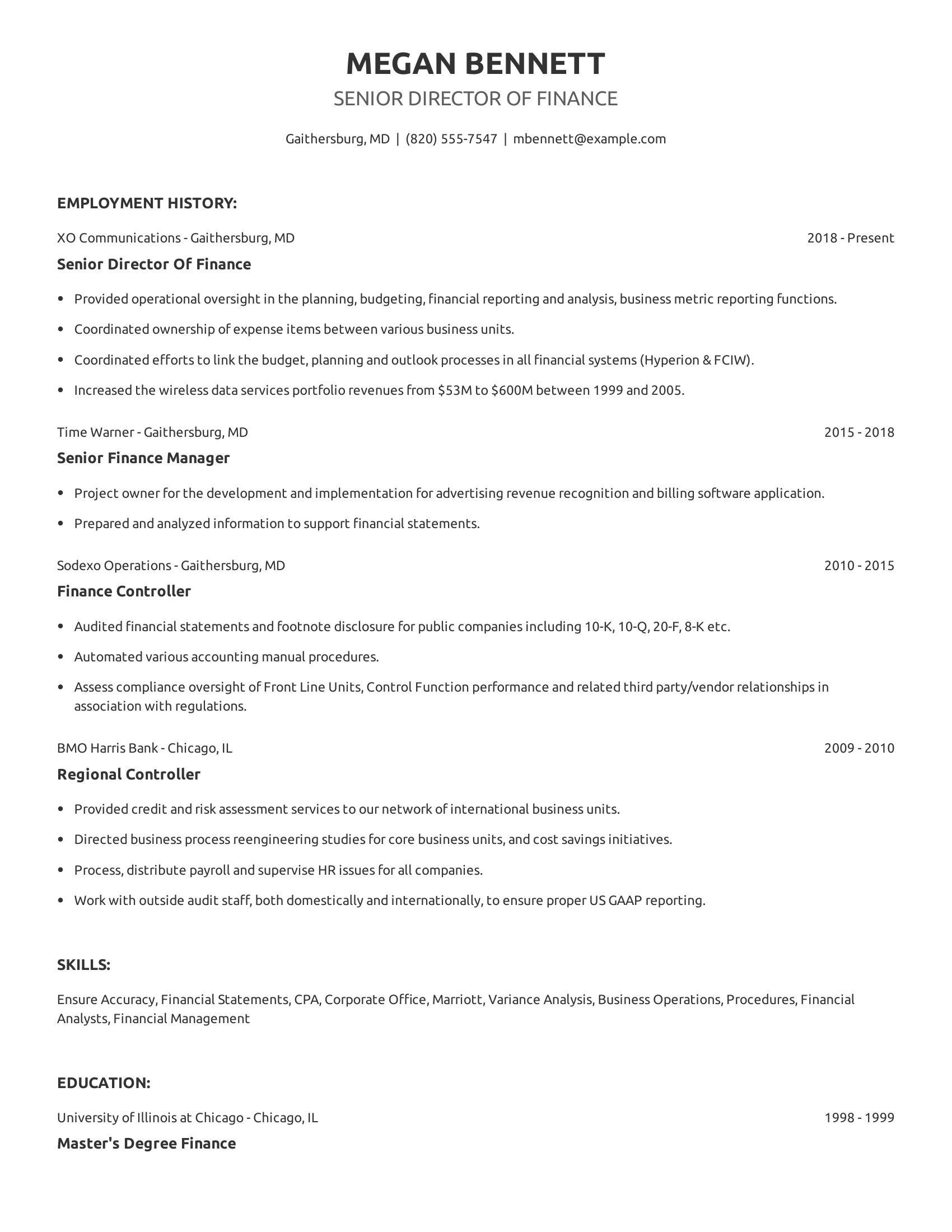 Senior Director Of Finance resume example