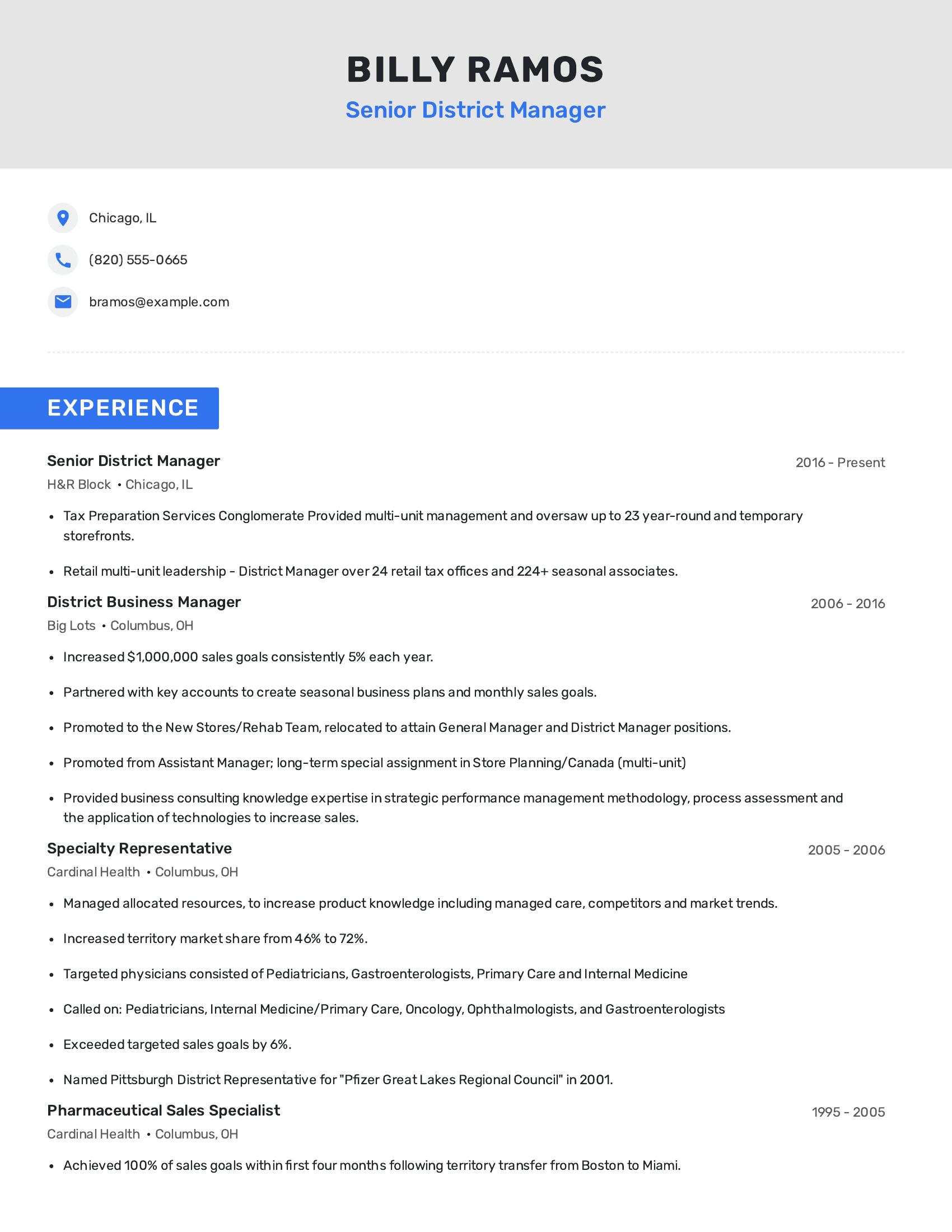 Senior District Manager resume example