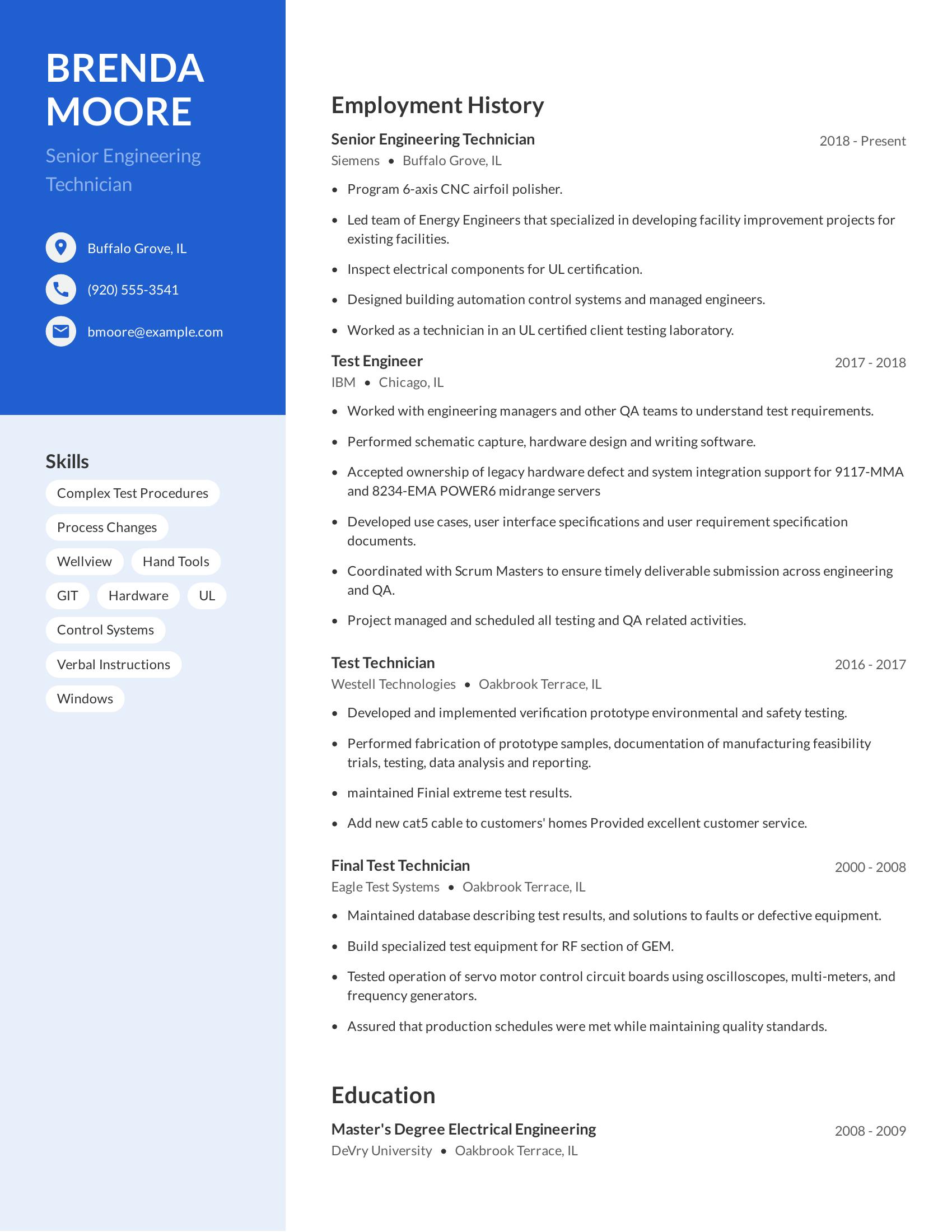 Senior Engineering Technician resume example