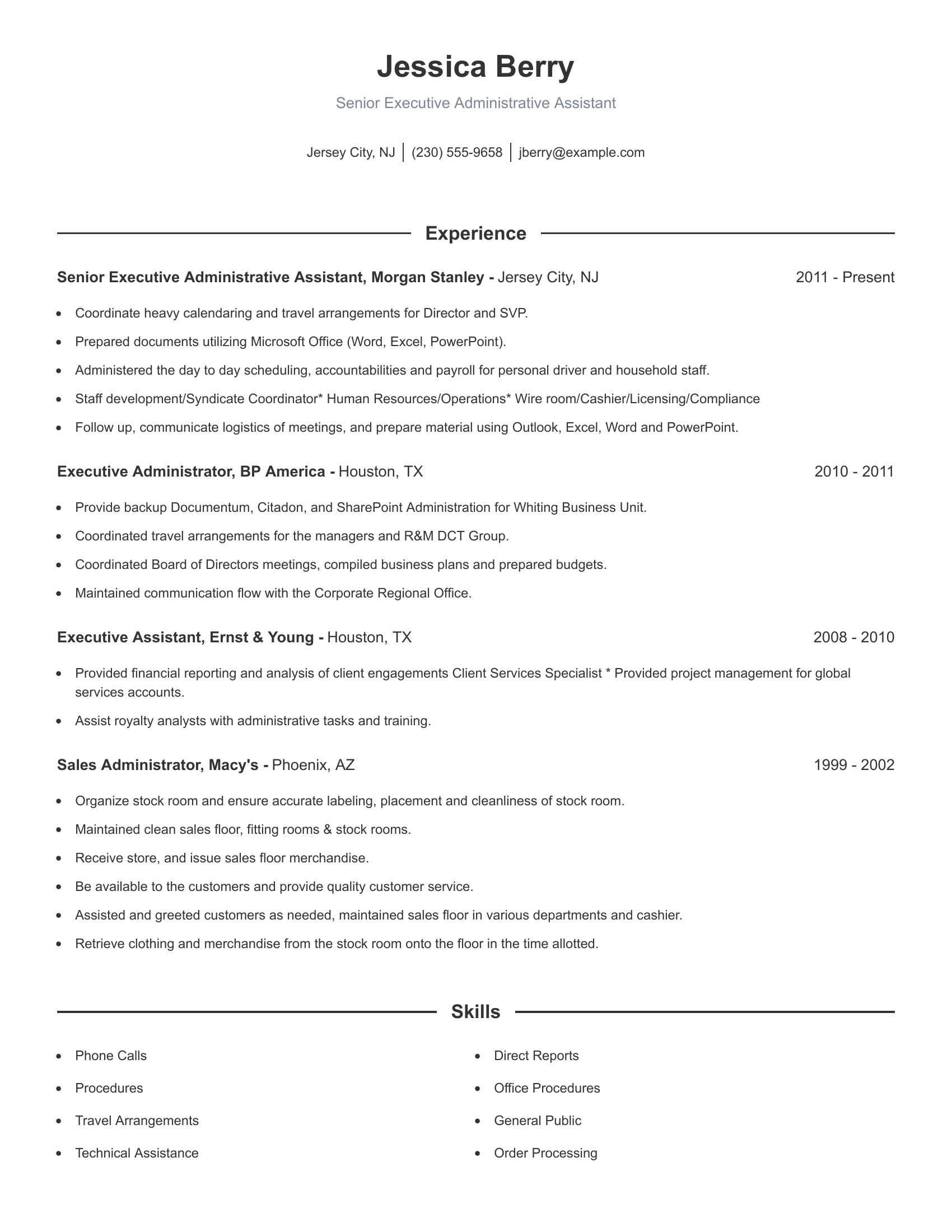 Senior Executive Administrative Assistant resume example