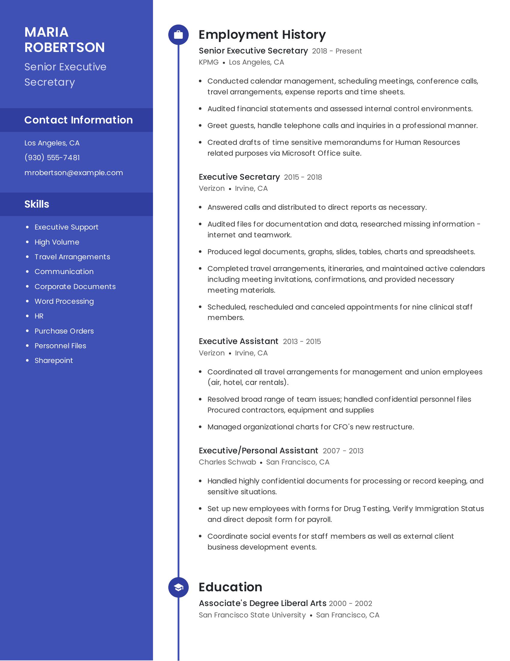 Senior Executive Secretary resume example