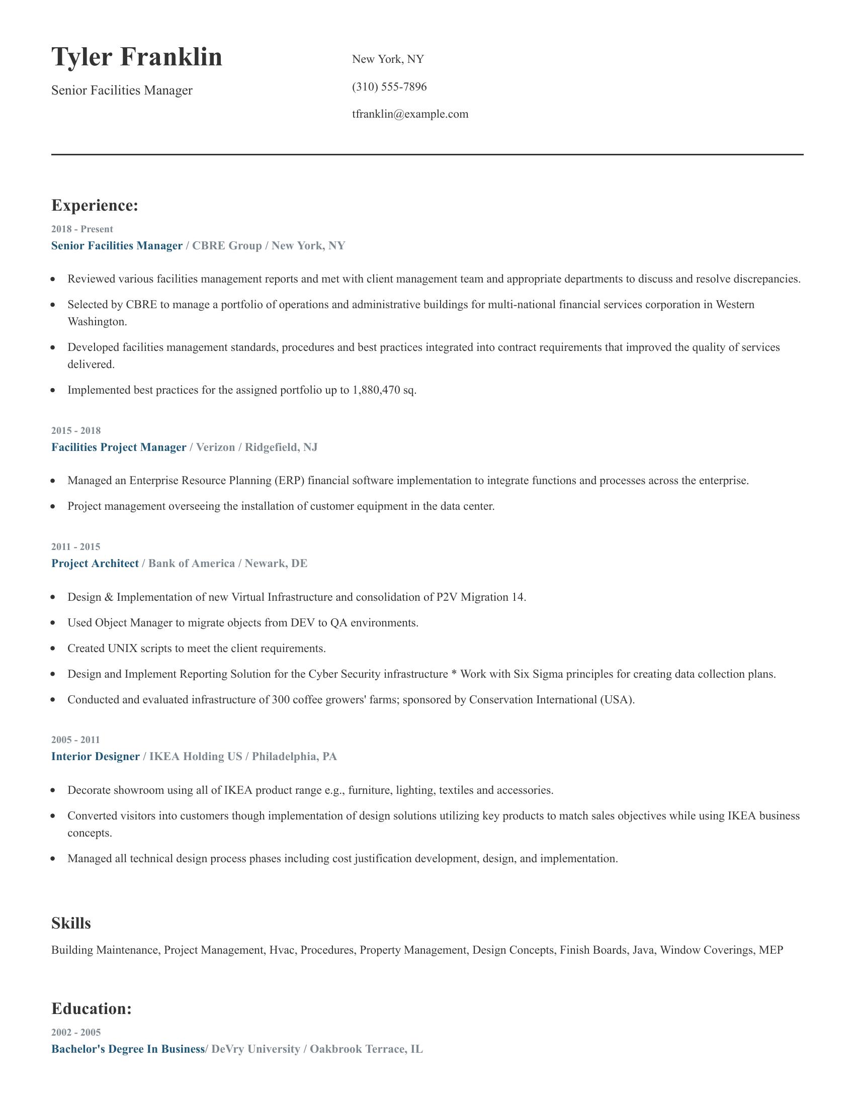 Senior Facilities Manager resume example