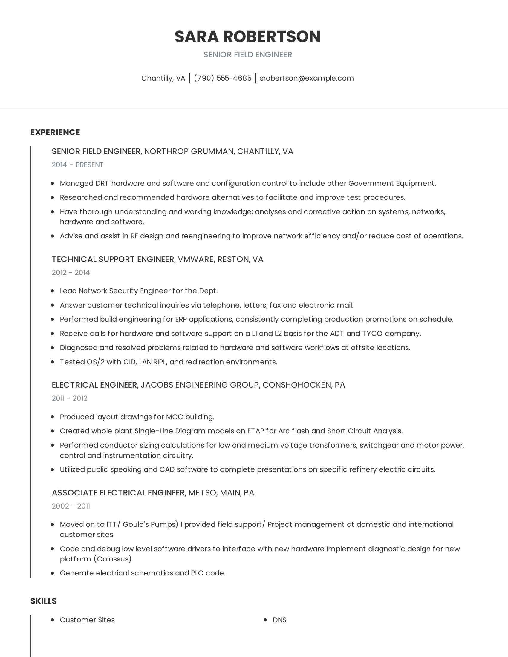 Senior Field Engineer resume example