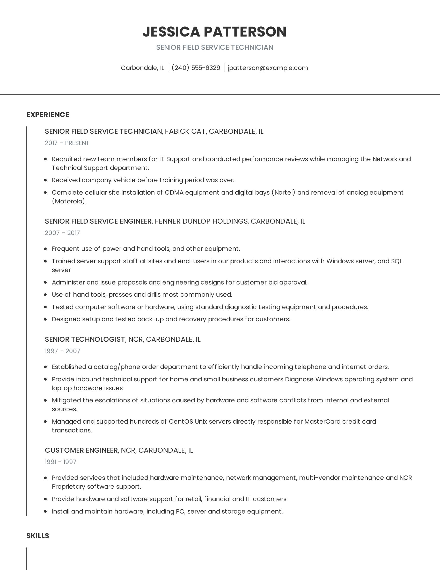 Senior Field Service Technician resume example