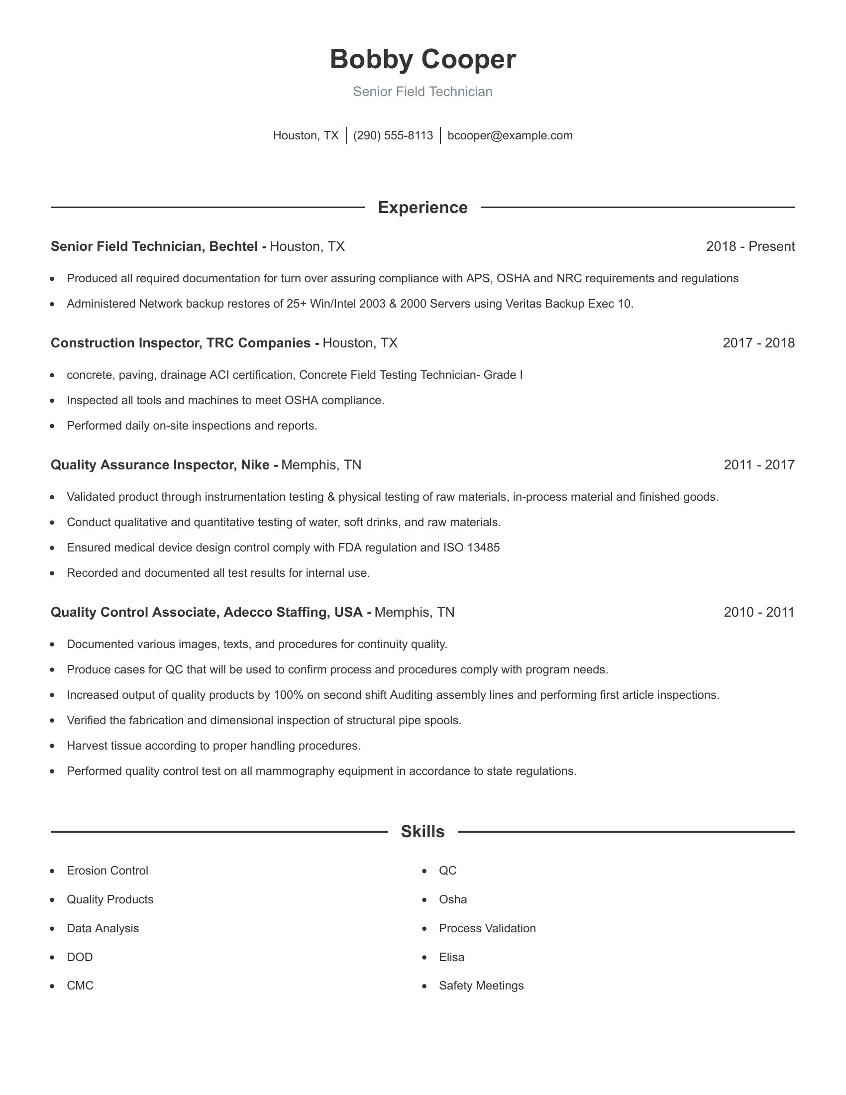 Senior Field Technician resume example