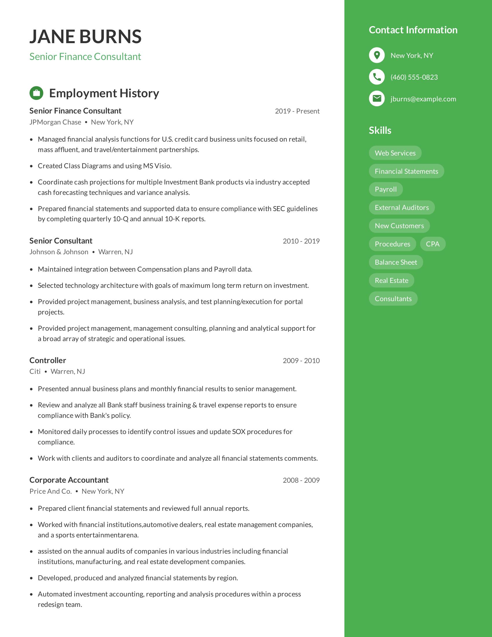 Senior Finance Consultant resume example