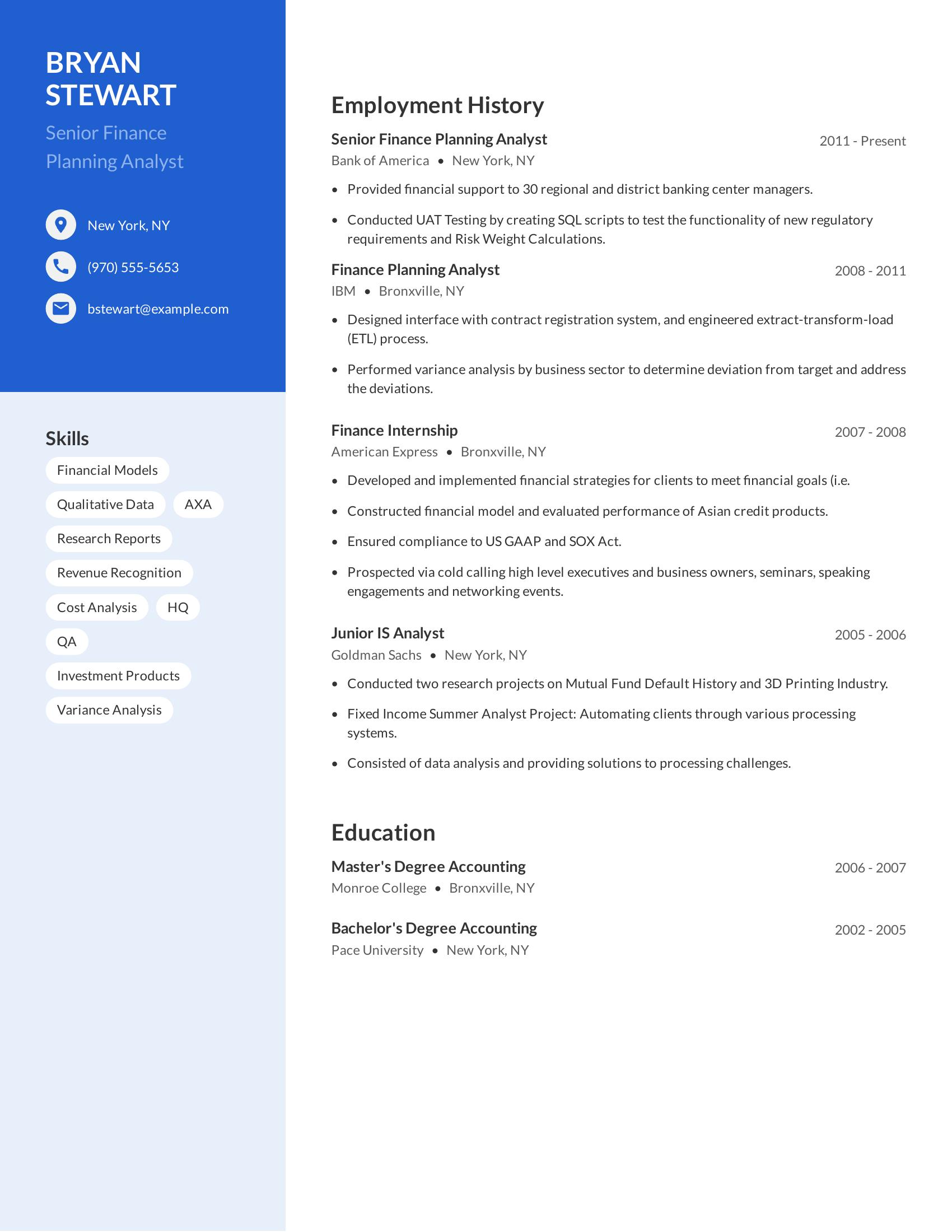 Senior Finance Planning Analyst resume example