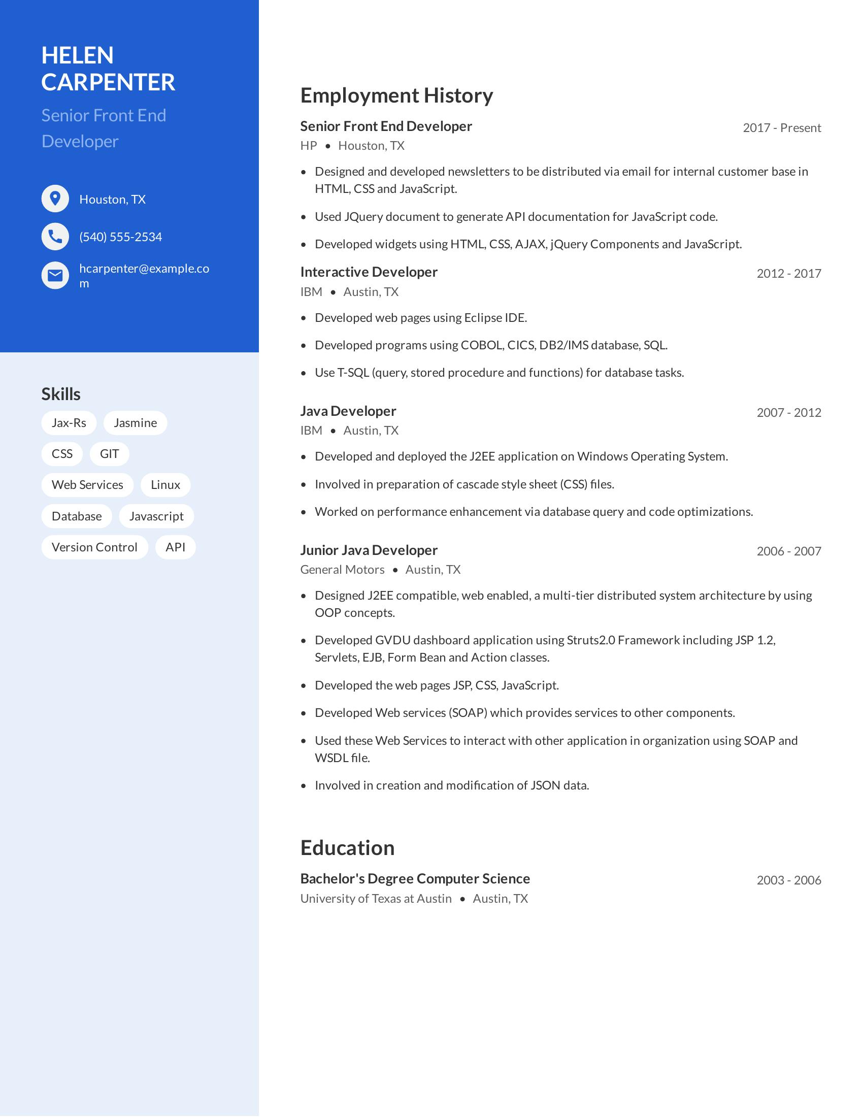 Senior Front End Developer resume example