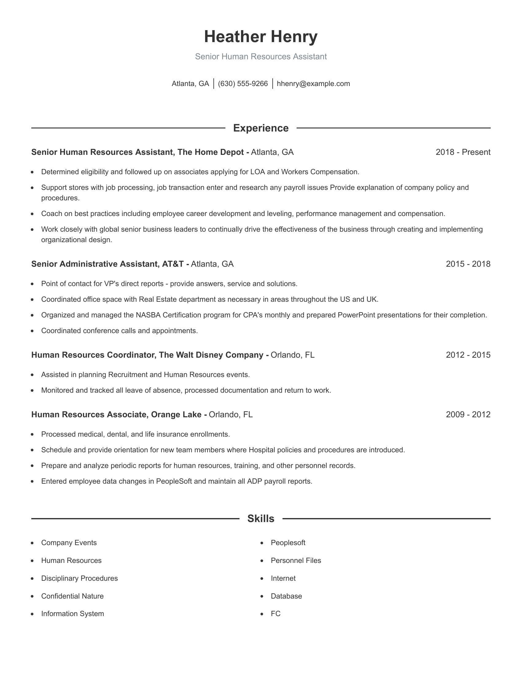 Senior Human Resources Assistant resume example