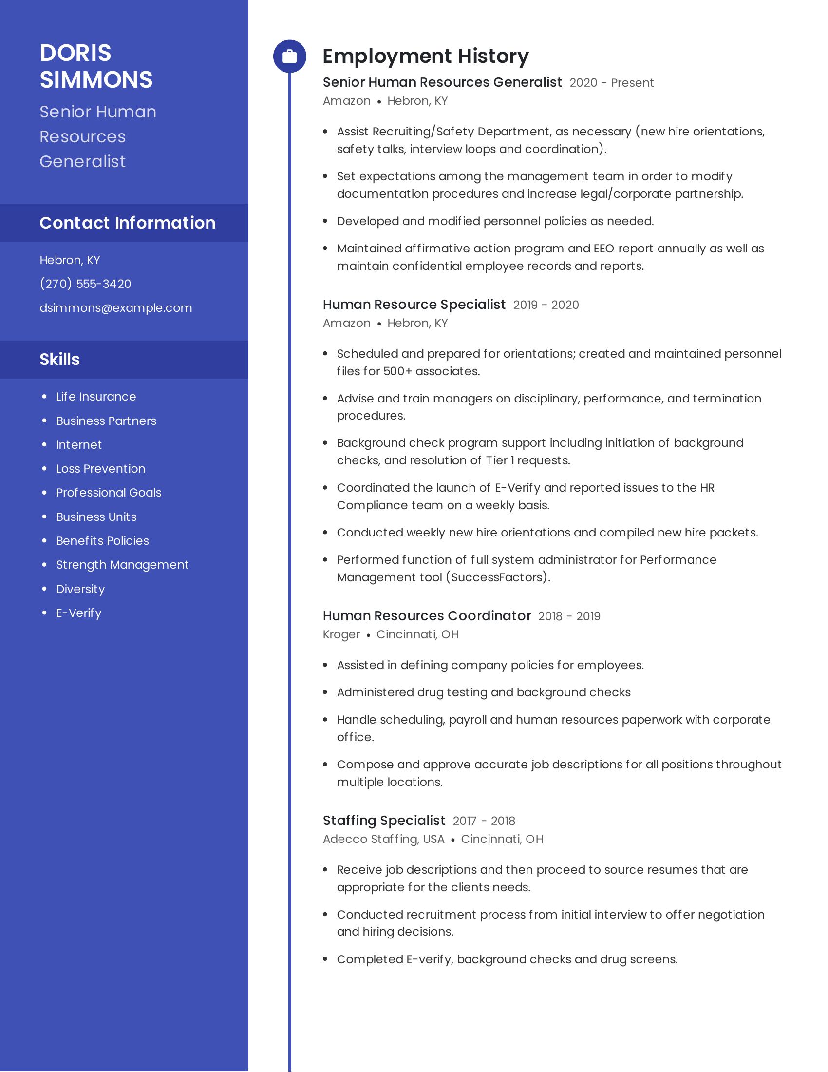 Senior Human Resources Generalist resume example