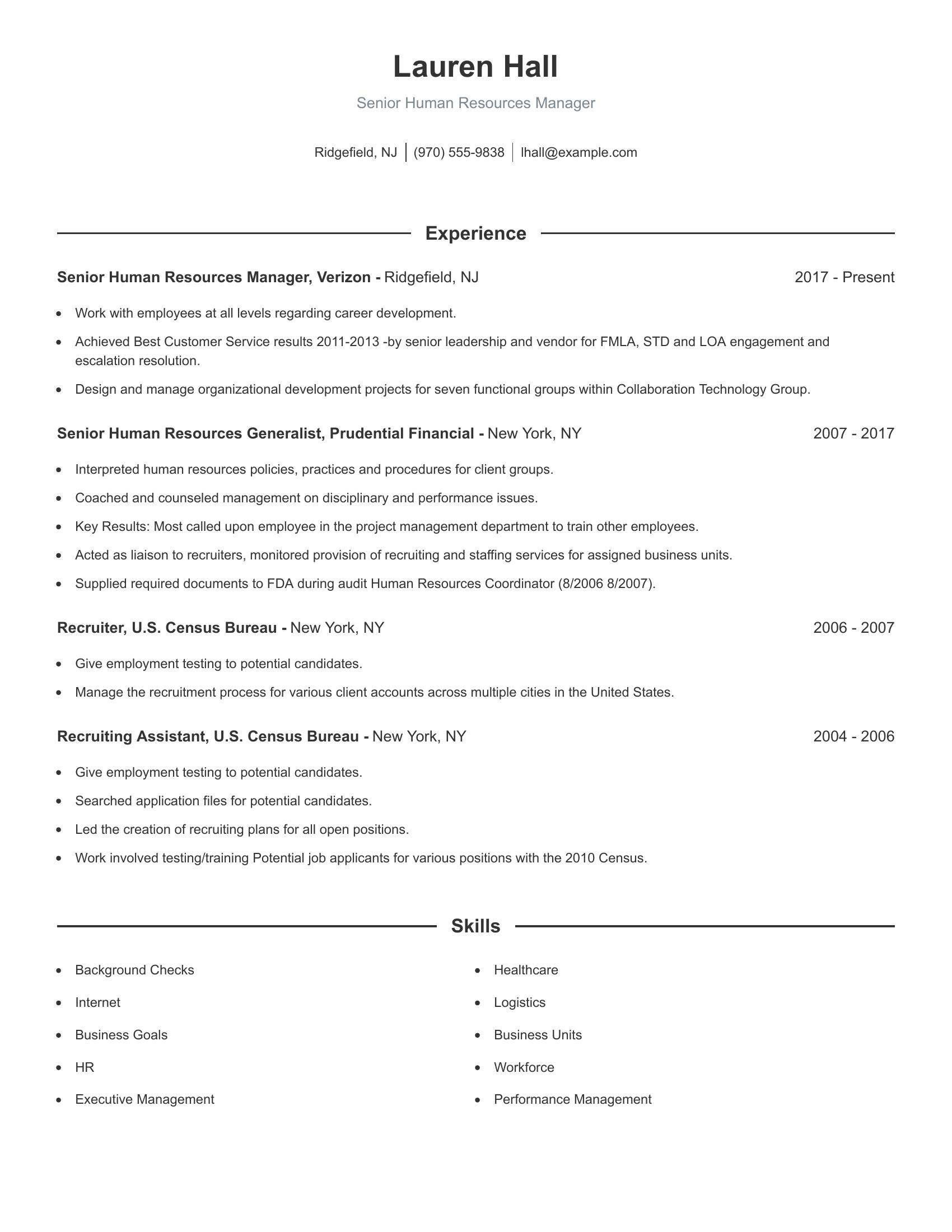 Senior Human Resources Manager resume example