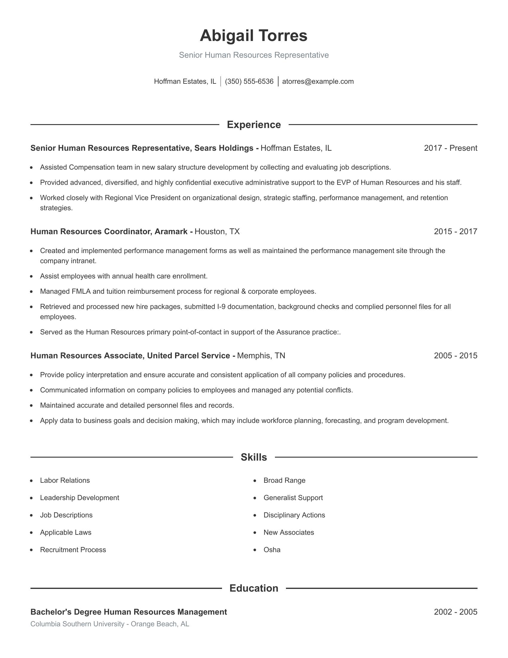 Senior Human Resources Representative resume example