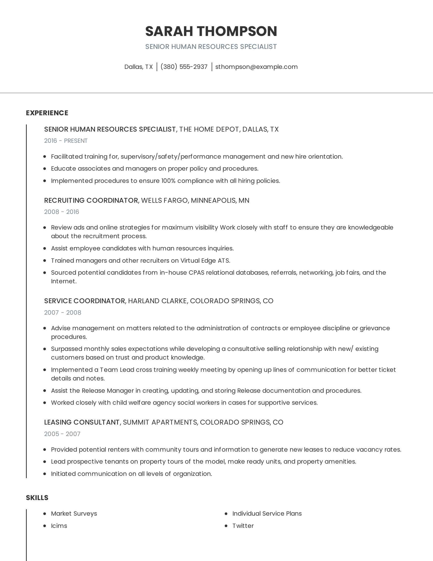 Senior Human Resources Specialist resume example