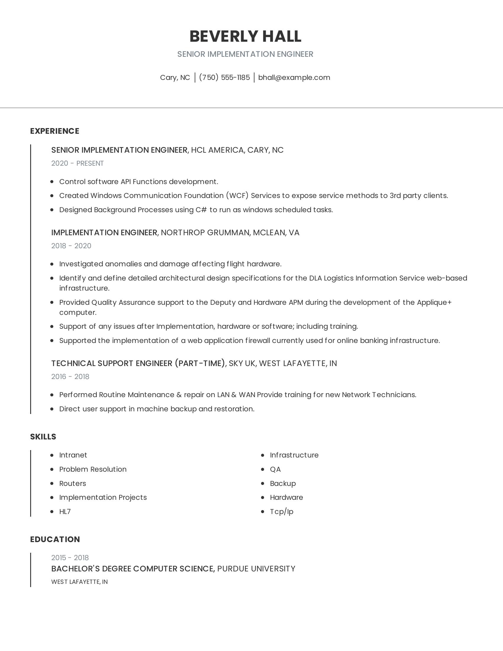 Senior Implementation Engineer resume example