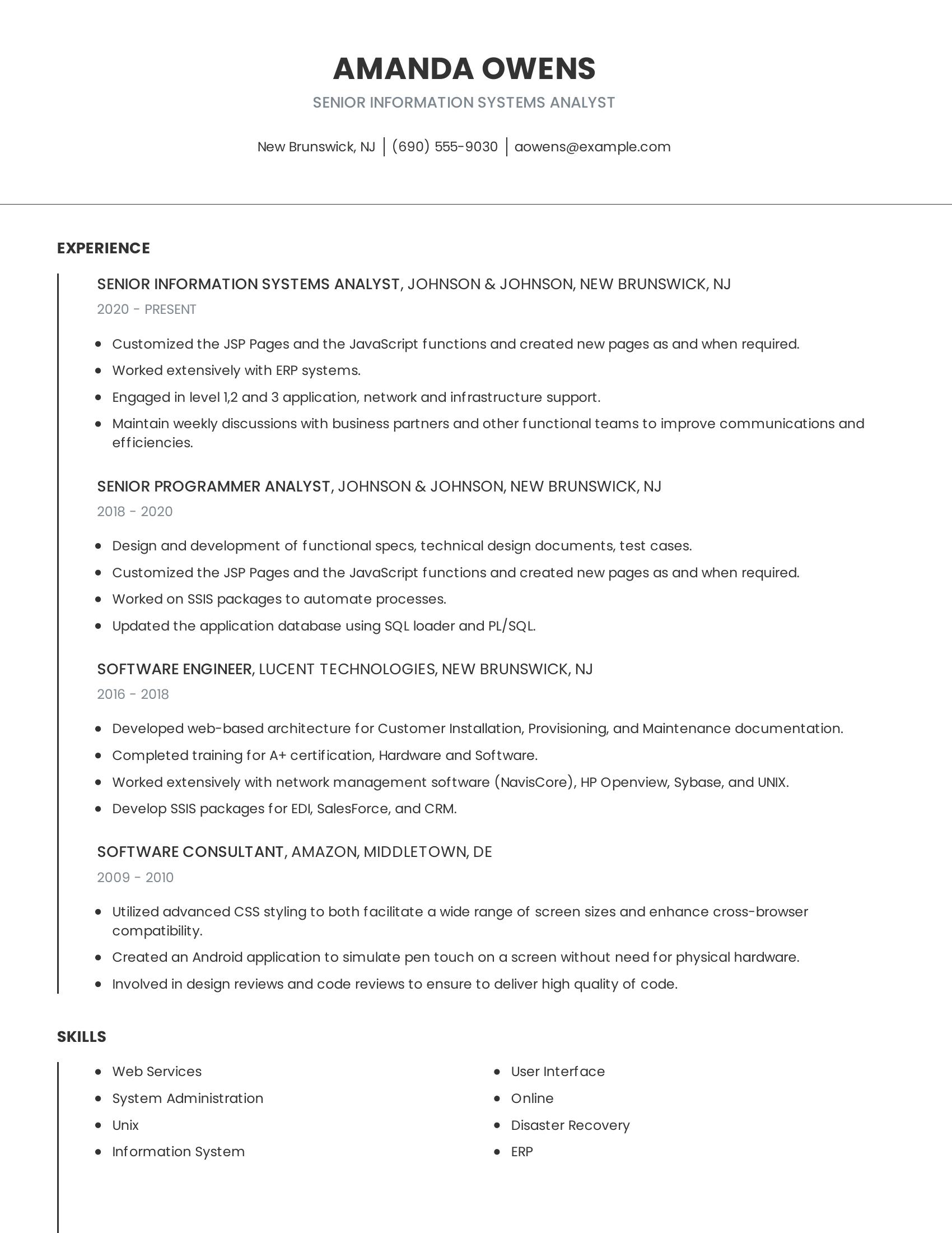 Senior Information Systems Analyst resume example