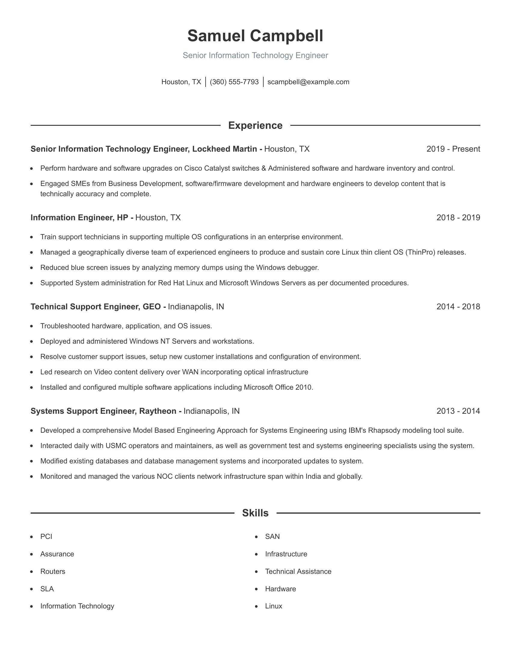 Senior Information Technology Engineer resume example