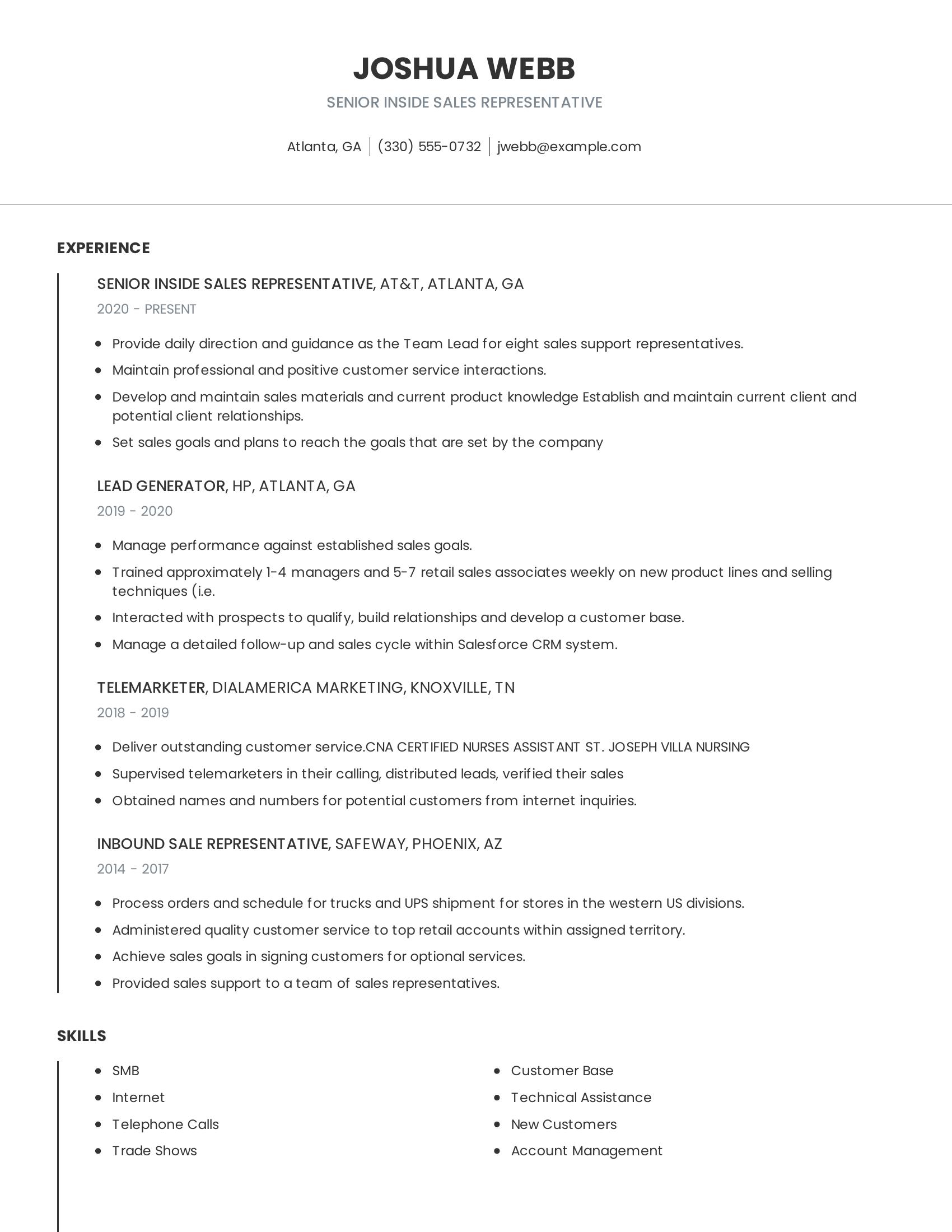 Senior Inside Sales Representative resume example