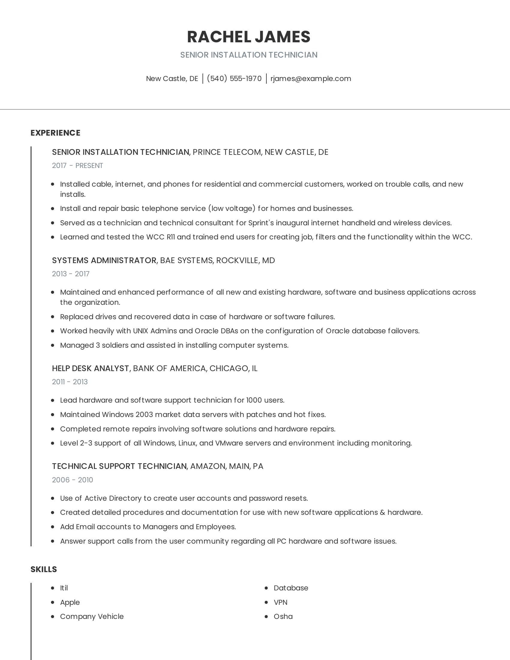 Senior Installation Technician resume example