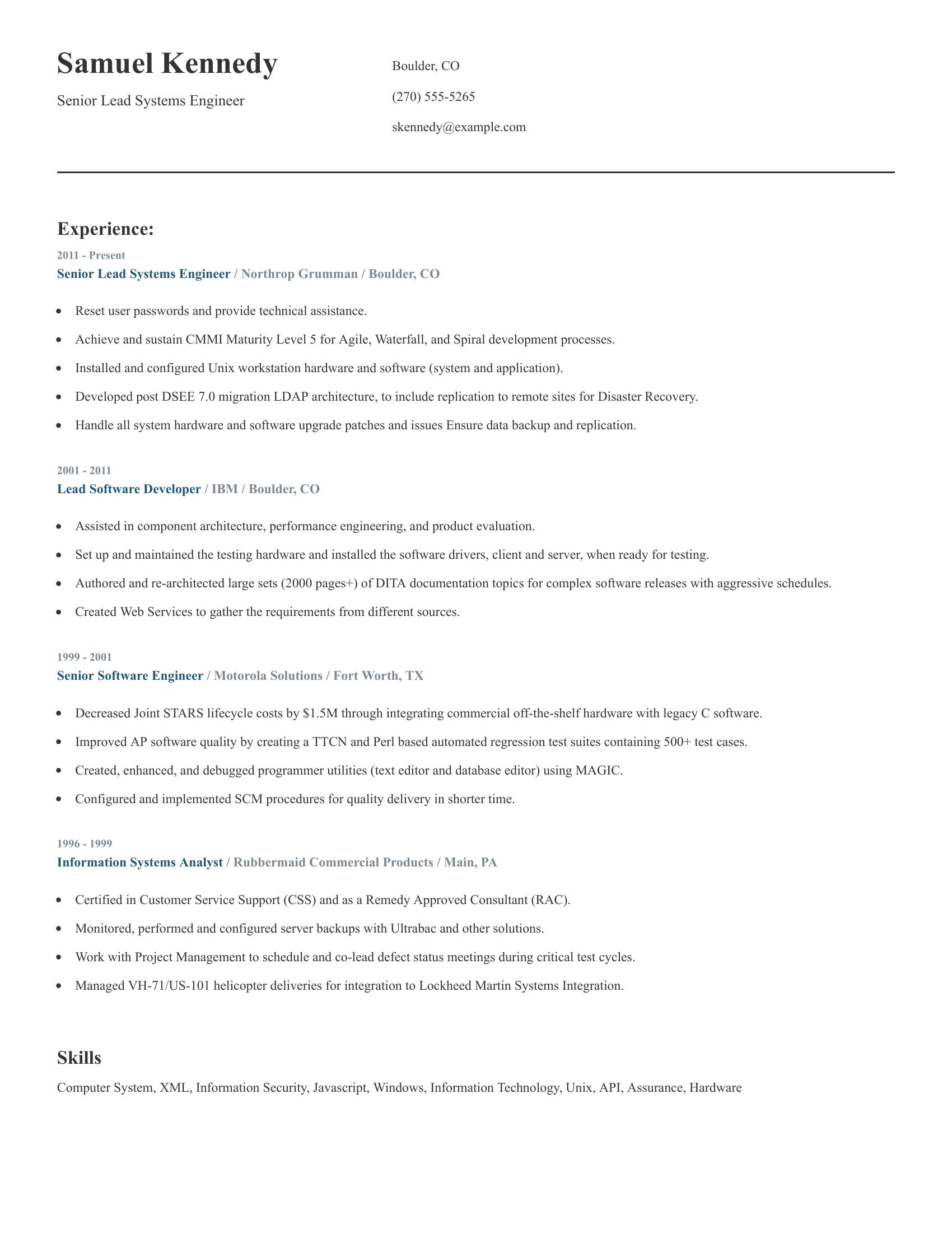 Senior Lead Systems Engineer resume example